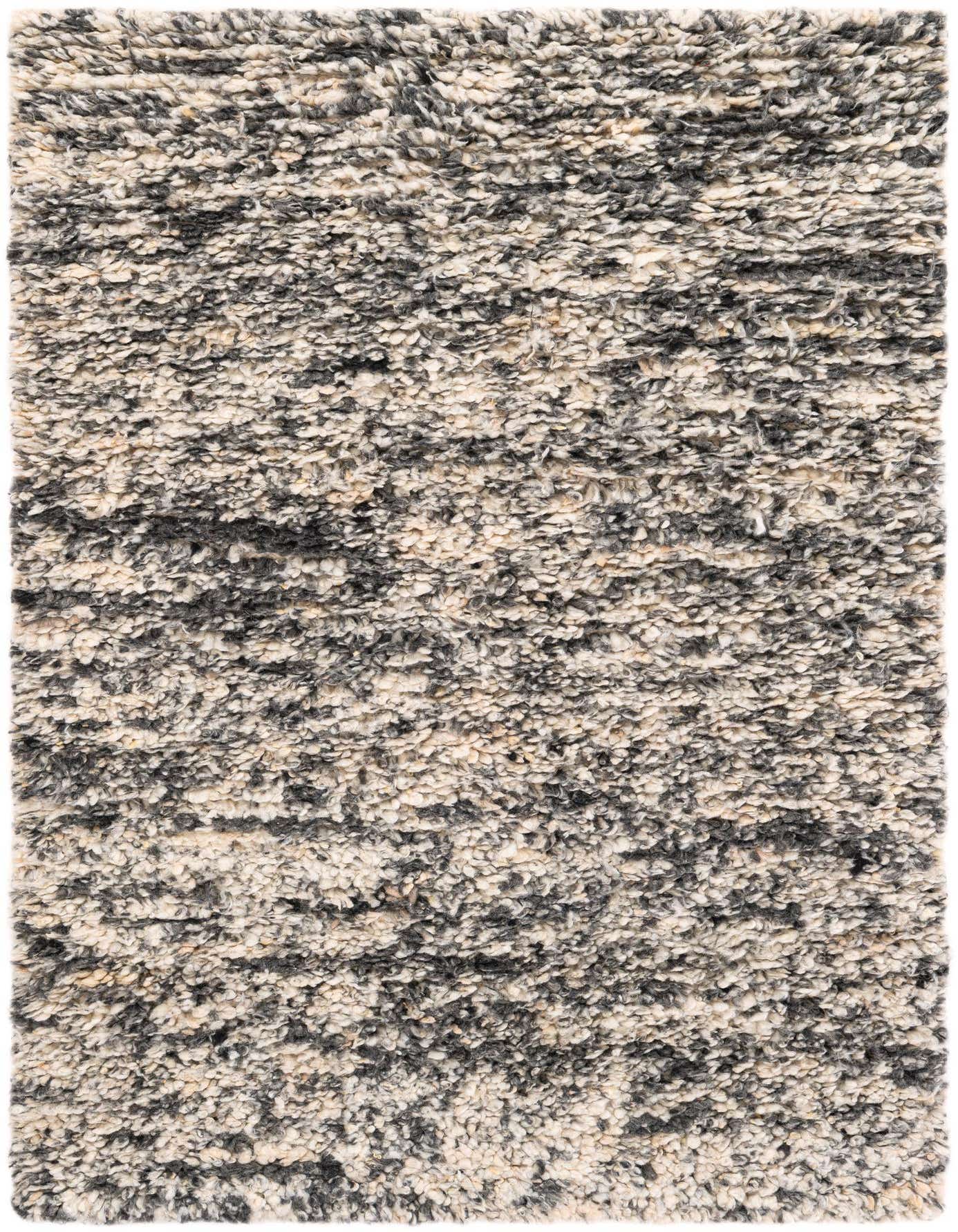 A 4x6 rectangular Rugs.com Haka Deluxe Shag rug featuring a textured, high pile in mixed black, ivory, and gray tones.