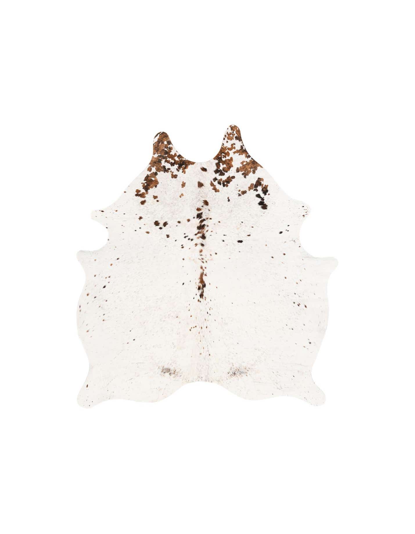 A 5'1" x 6'2" square cowhide rug with a natural, irregular shape, featuring a white base with scattered brown and black spots, on a white background.