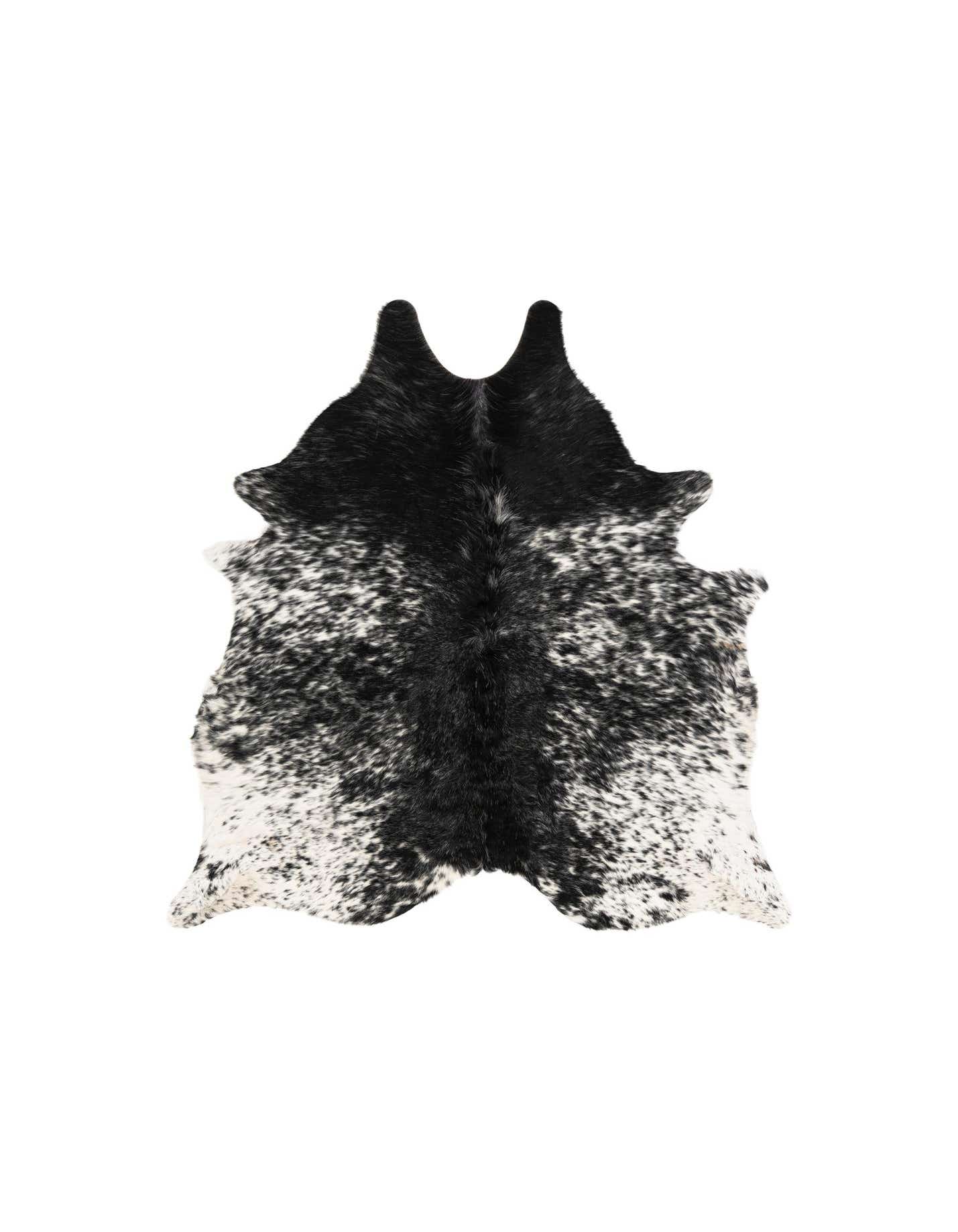 A 5'3" x 5'9" square cowhide rug with a striking black and white speckled pattern, featuring a natural, irregular shape.