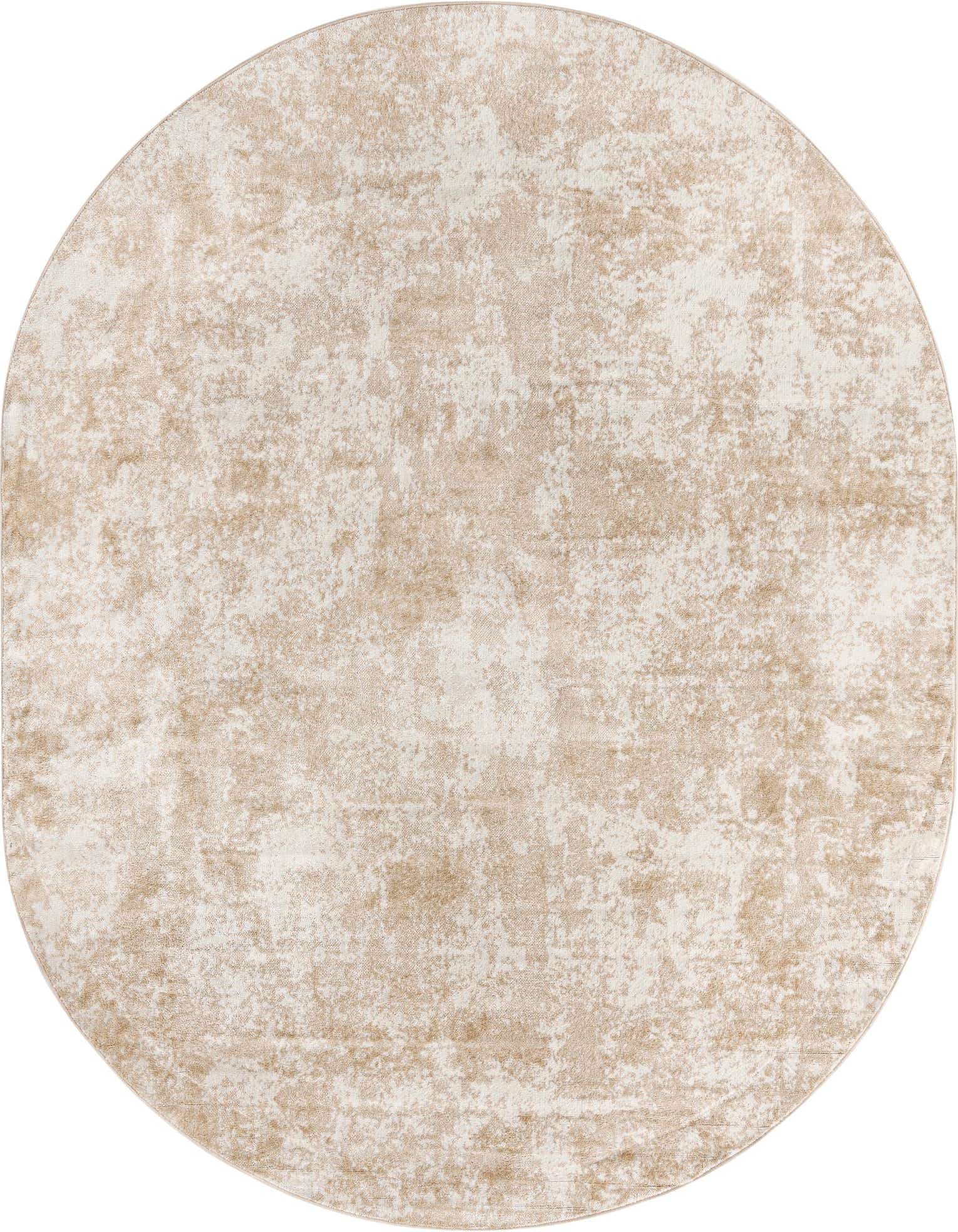 An oval 4' x 6' indoor rug with a distressed, mottled pattern in shades of brown, tan, and cream.