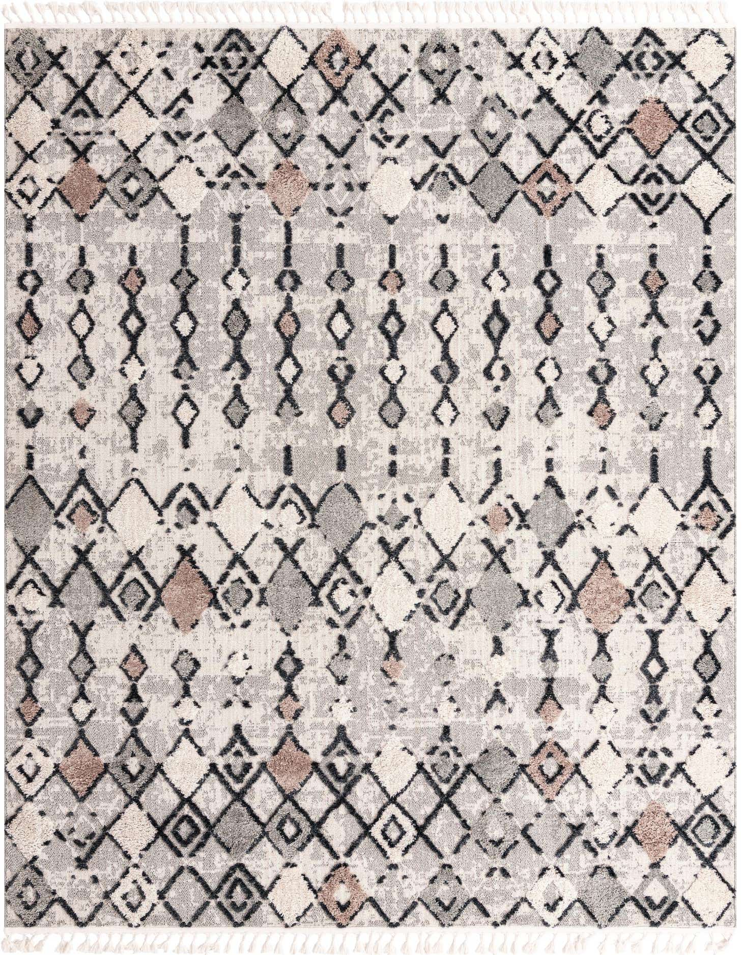 An 8x10 rectangular rug with a tribal, modern, abstract pattern in browns, tans, ivories, and creams, featuring a textured pile and fringe.