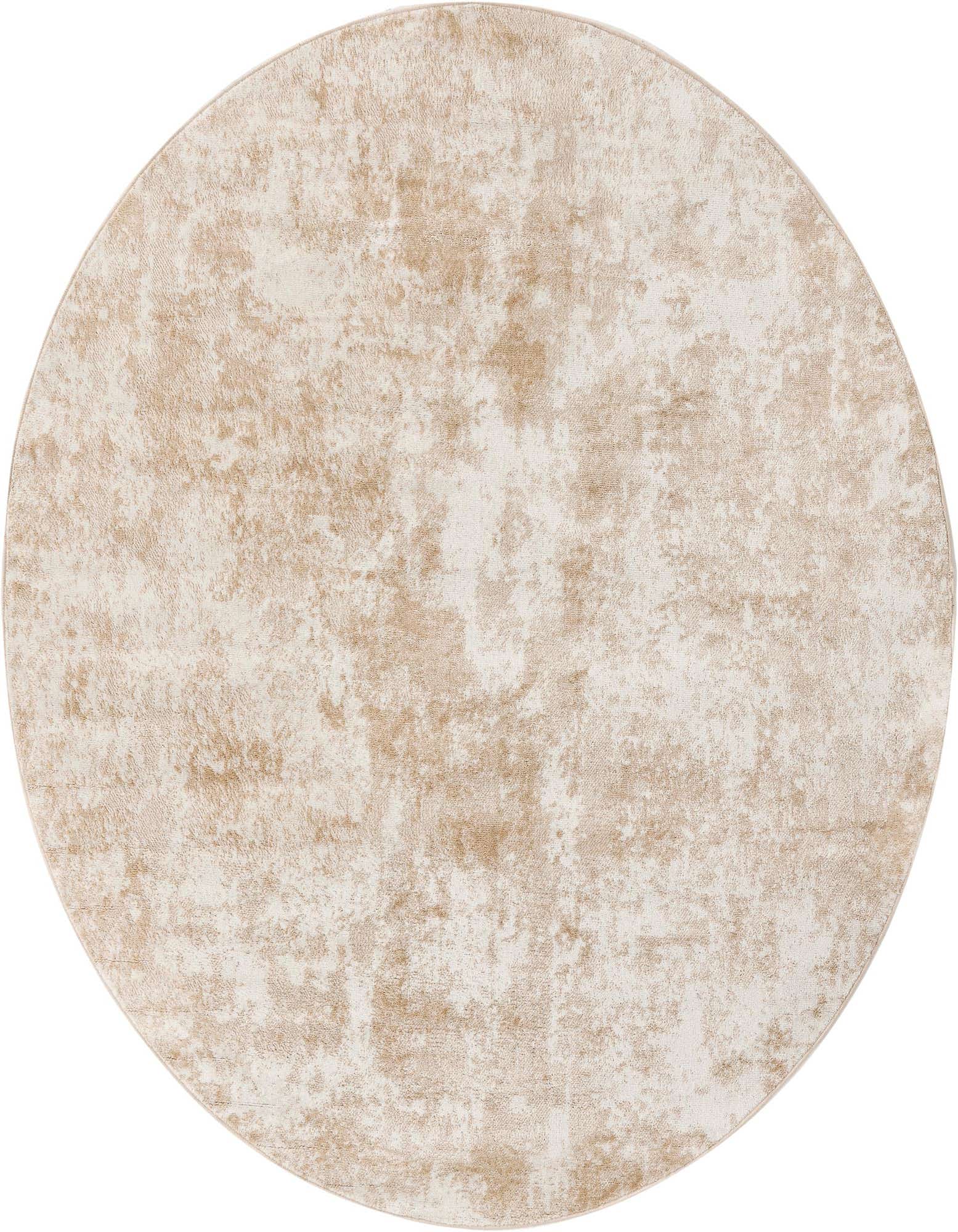 A 7-foot round Aurora rug featuring a distressed, abstract pattern in shades of brown, tan, and cream.