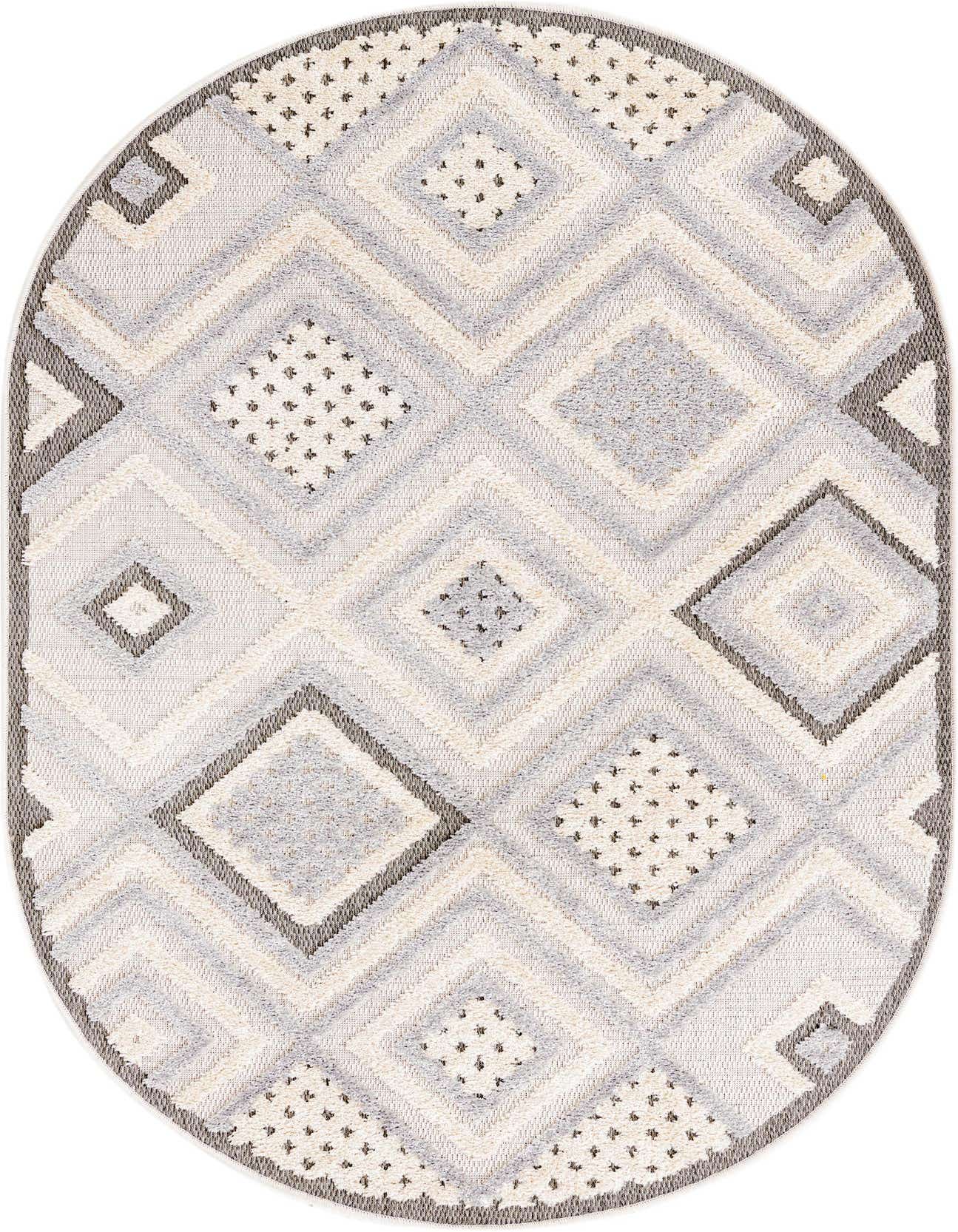 An oval 4'x6' Arlo rug featuring a modern abstract diamond pattern in ivory, cream, and light gray tones with a textured high/low pile.