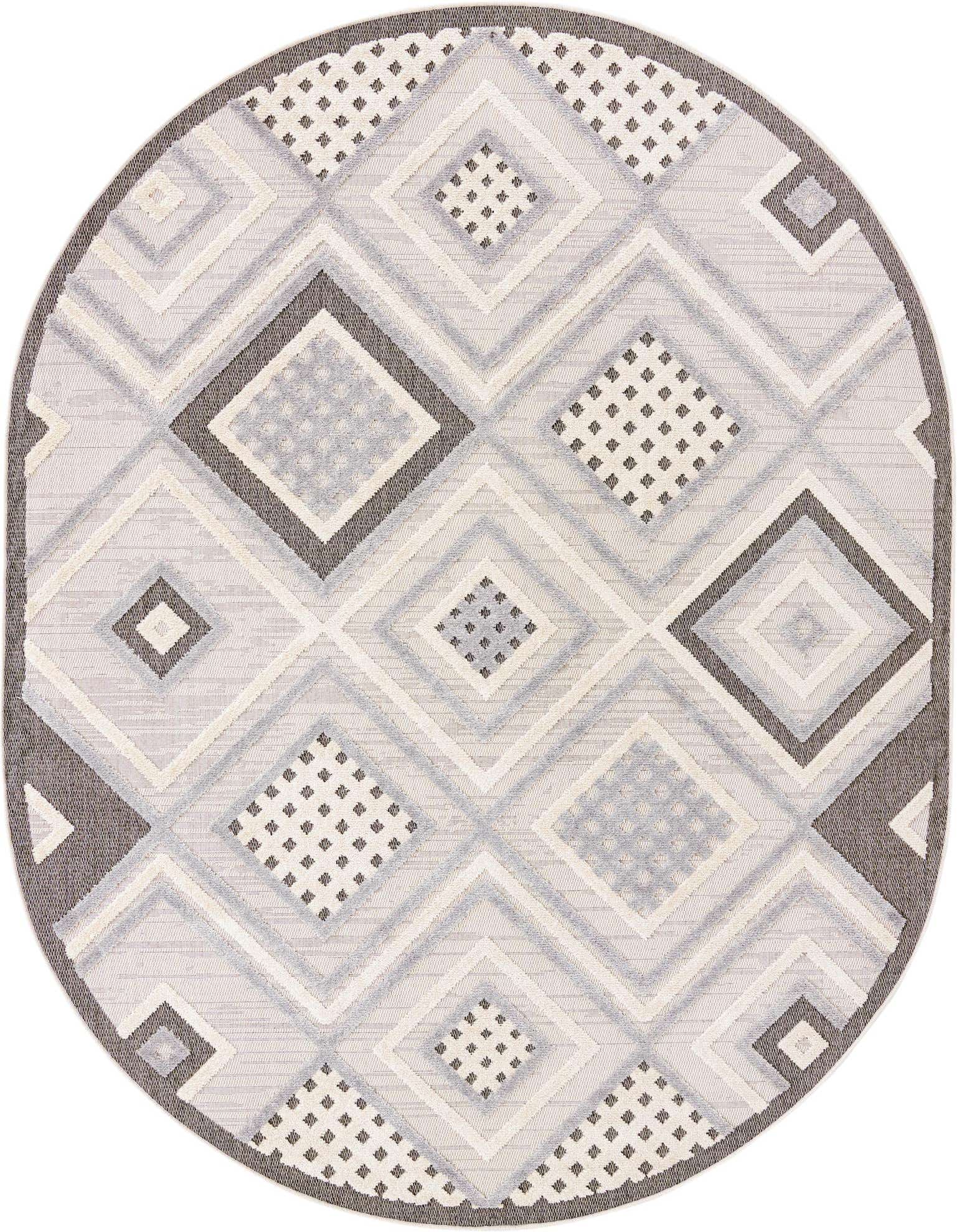 An oval ivory and gray area rug with a modern abstract diamond pattern and textured high-low pile.