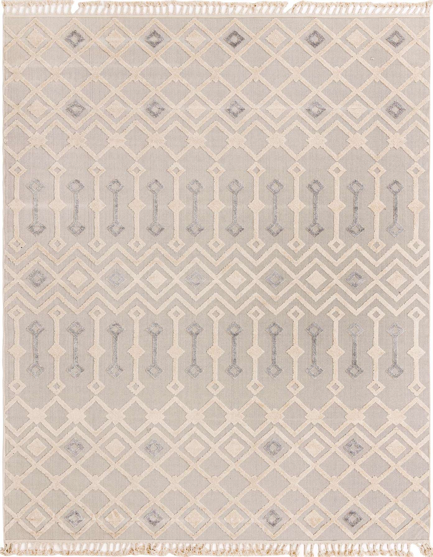 A 9x12 rectangular ivory and cream tribal rug with a textured high-low pile, featuring geometric patterns and fringe.