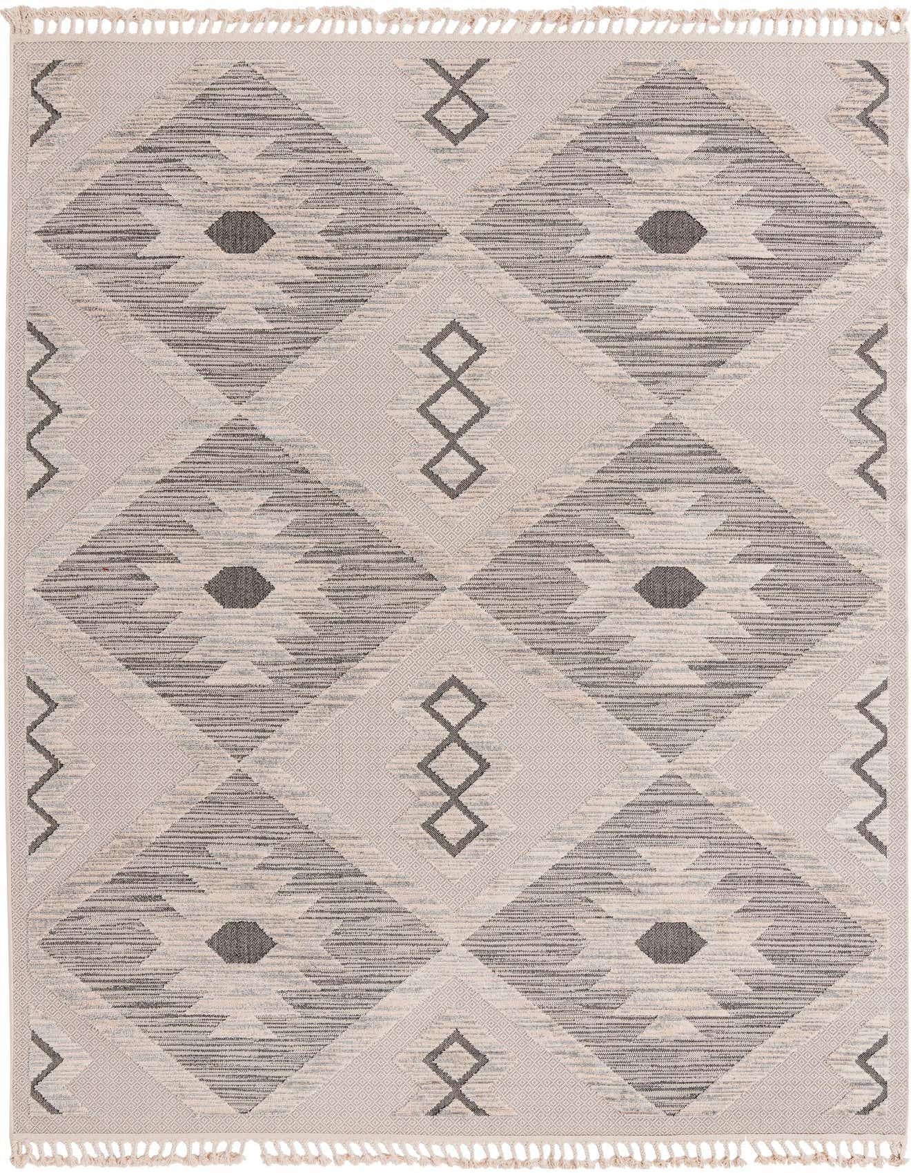 A 10x14 rectangular ivory and cream area rug with a modern Southwestern tribal pattern and fringe.