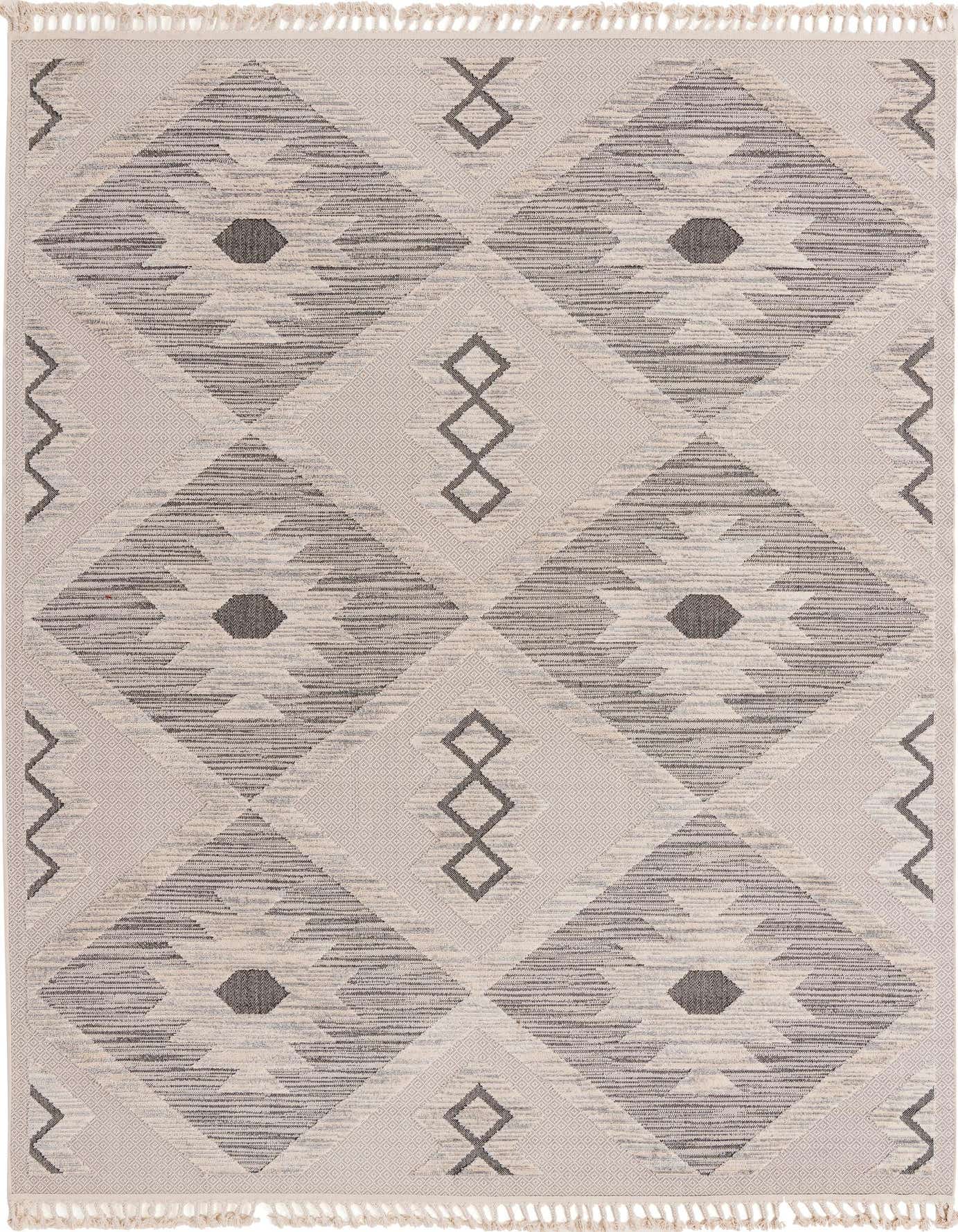 A 9x12 rectangular ivory and cream rug with a modern Southwestern tribal pattern, featuring textured gray geometric diamonds and zigzags.