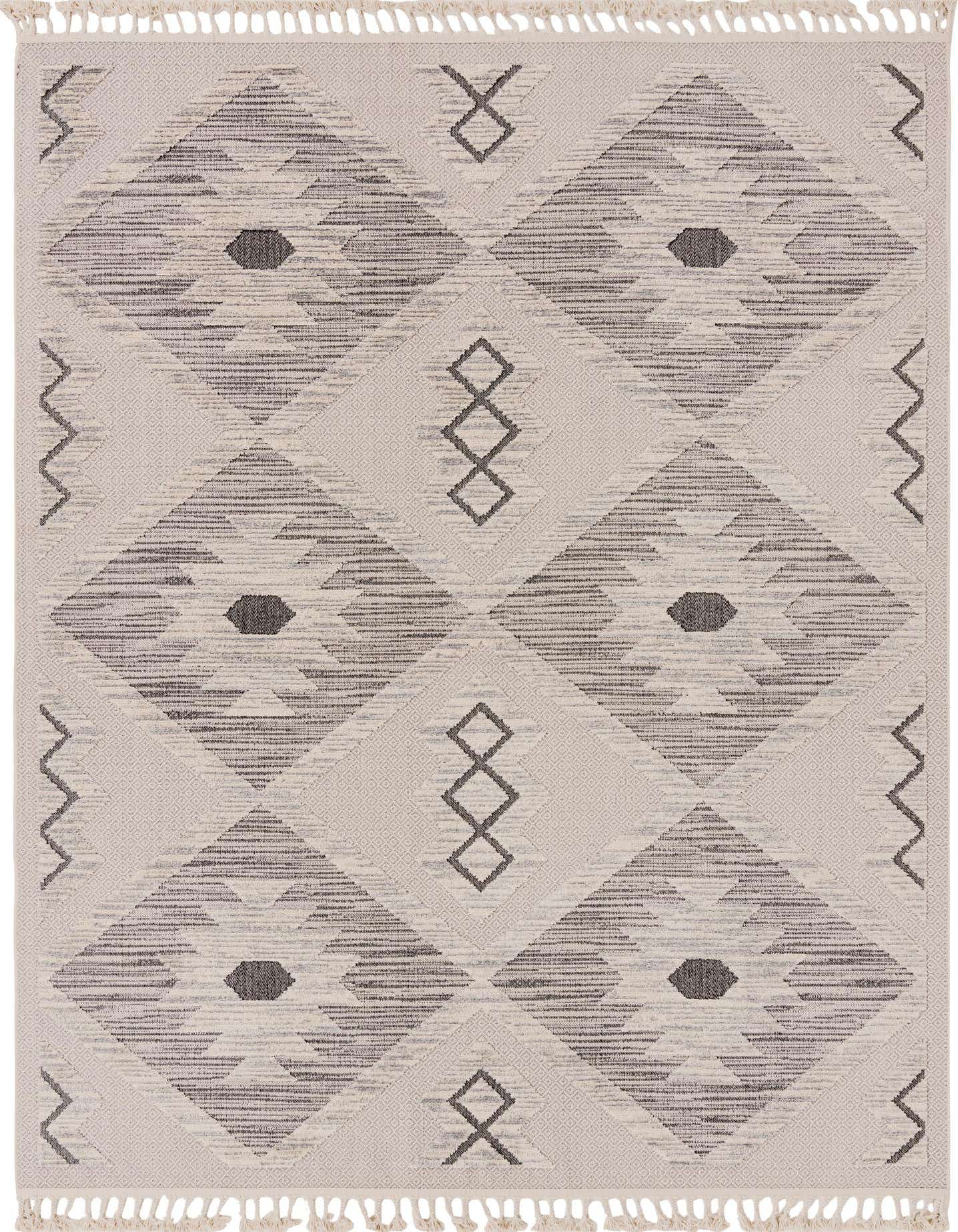 An 8x10 rectangular ivory and cream rug with a modern Southwestern tribal pattern featuring abstract diamonds and zigzags.