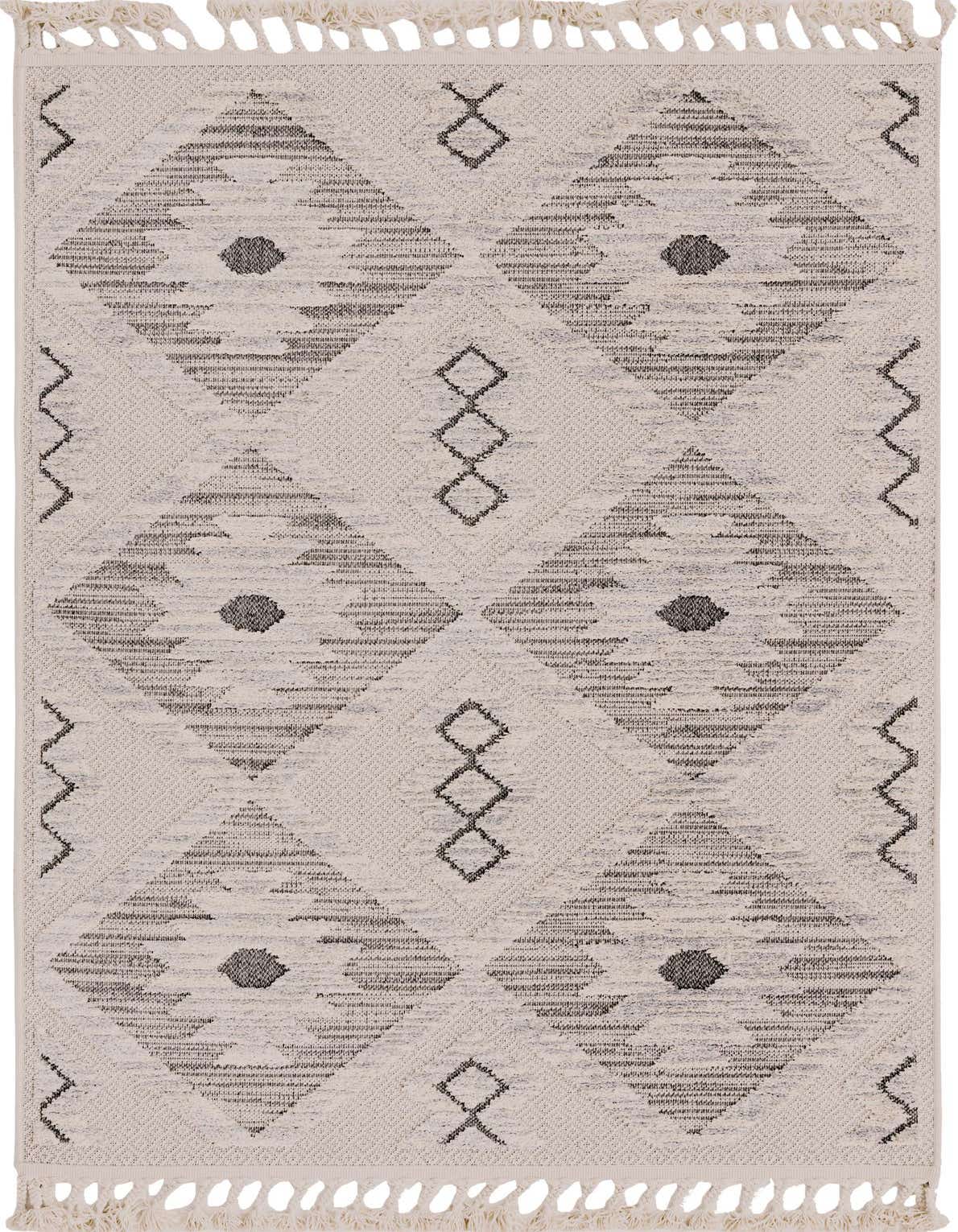 A 4x6 rectangular ivory and cream rug with a modern Southwestern tribal pattern and textured high-low pile.