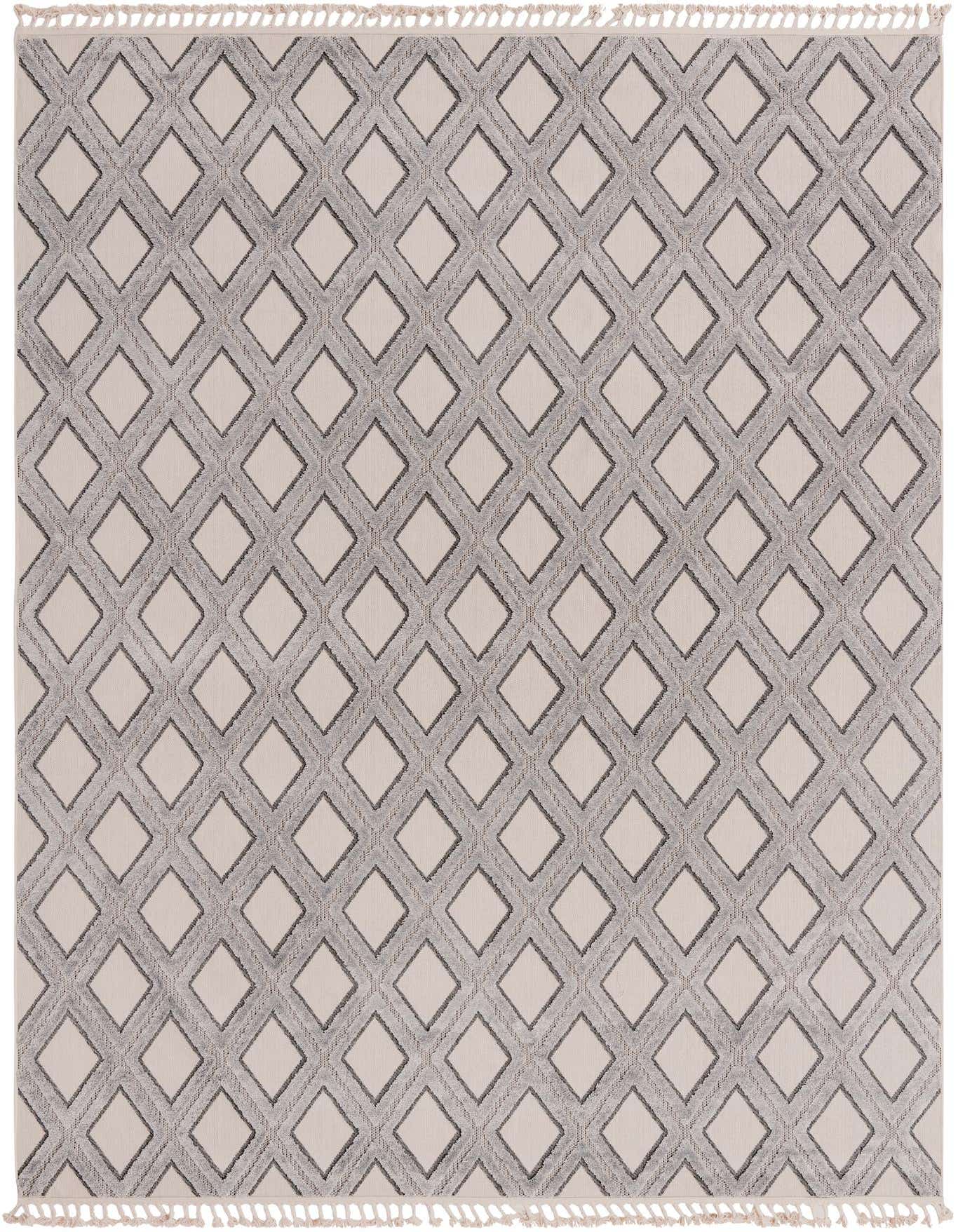 A 10x14 rectangular ivory and gray modern rug with a high/low abstract diamond pattern and fringed edges.