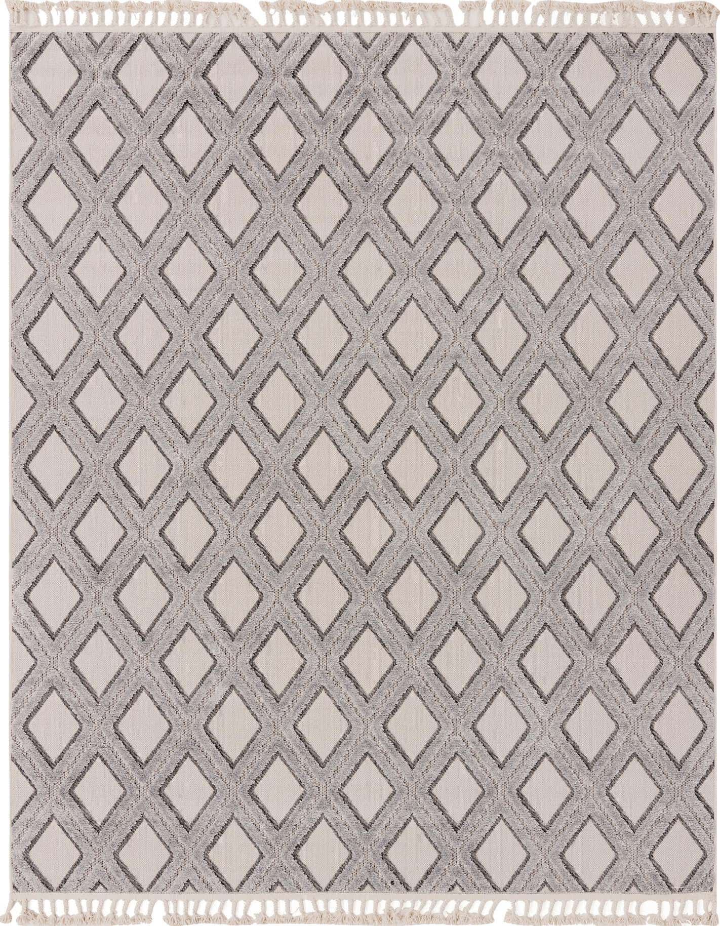 An 8x10 rectangular ivory and gray modern area rug with a textured diamond pattern and fringed edges.
