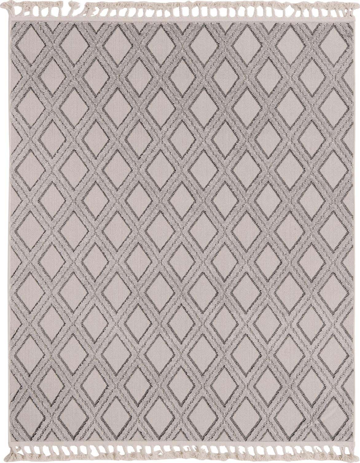 A 5x8 rectangular ivory area rug featuring a modern abstract diamond pattern with textured high-low pile and decorative tassels.