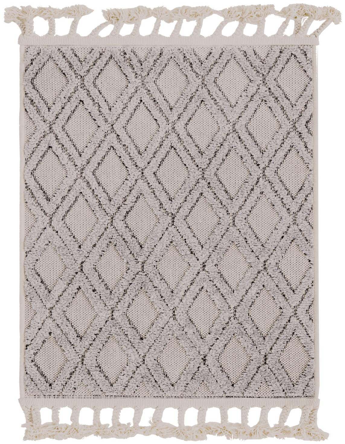 A 2x3 rectangular Arlo rug in ivory and cream, featuring a modern abstract diamond pattern with high/low textured pile and decorative tassels.