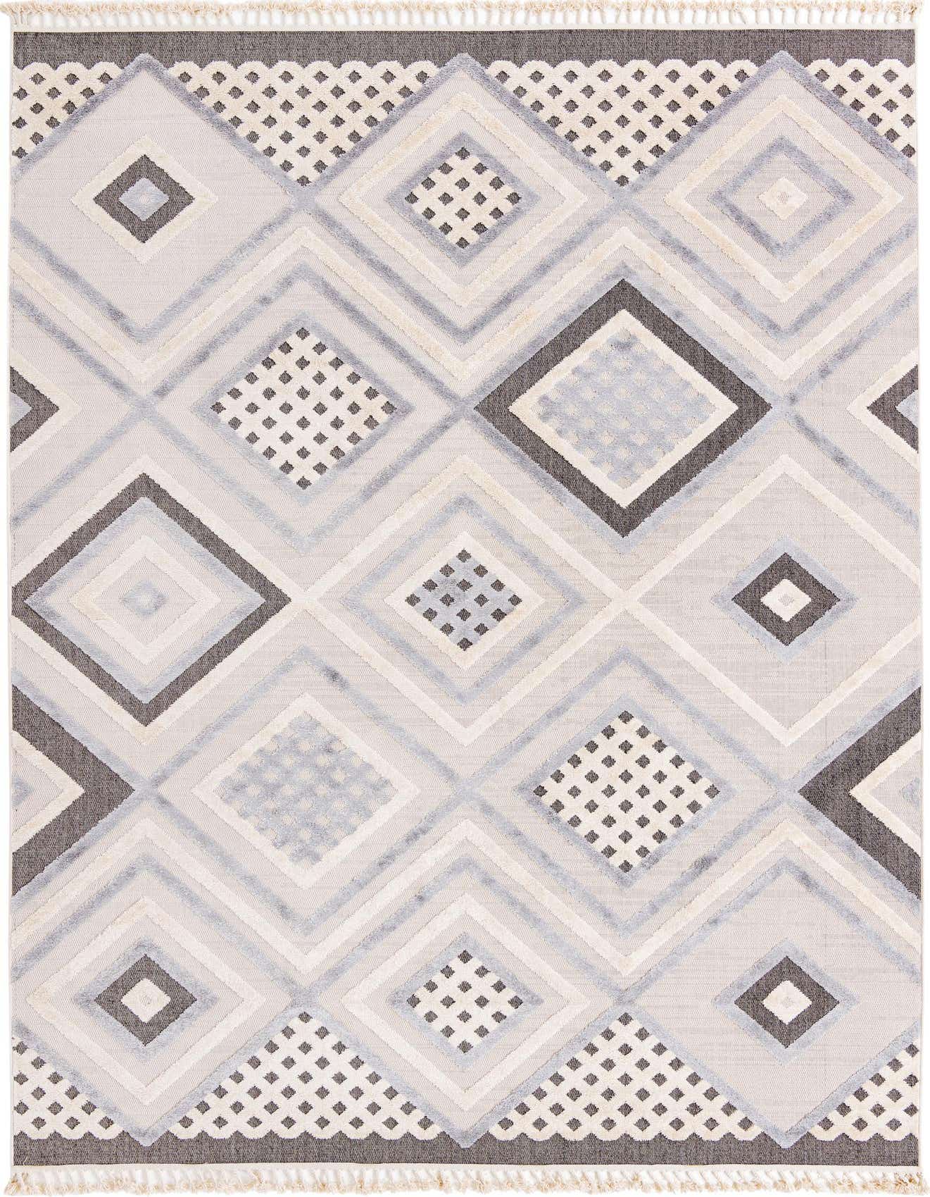 A 10x14 rectangular ivory and cream rug featuring a modern abstract pattern of textured diamonds and geometric shapes.