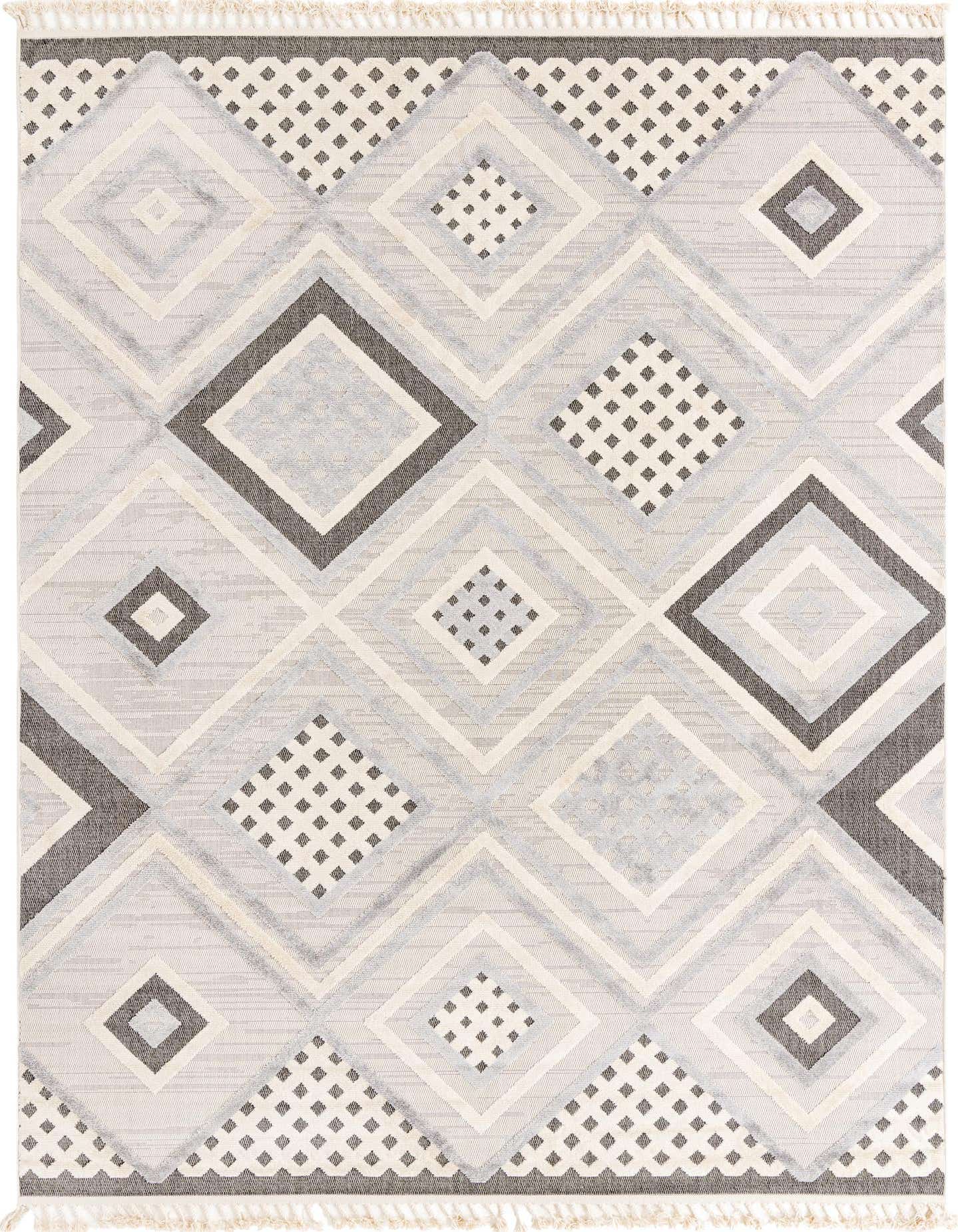 A 9x12 rectangular ivory and cream rug with a modern abstract diamond pattern and textured high/low pile.