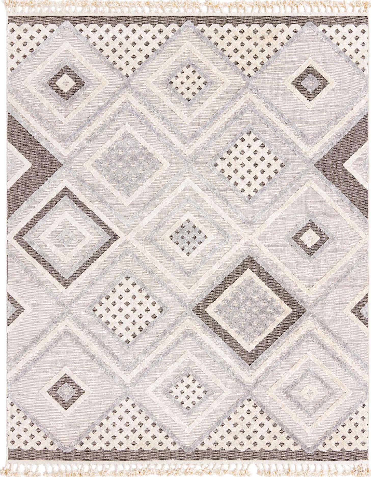 An 8x10 rectangular ivory and cream rug with a modern abstract diamond pattern and textured high-low pile.