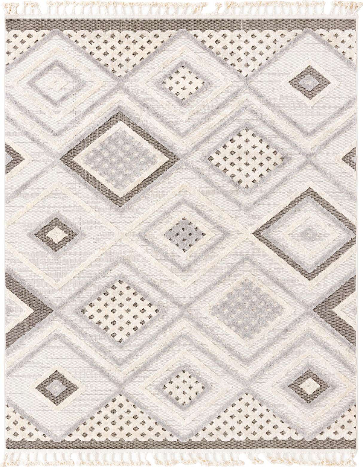 A 6x9 rectangular ivory and cream Arlo rug with a modern abstract diamond pattern and textured high/low pile.