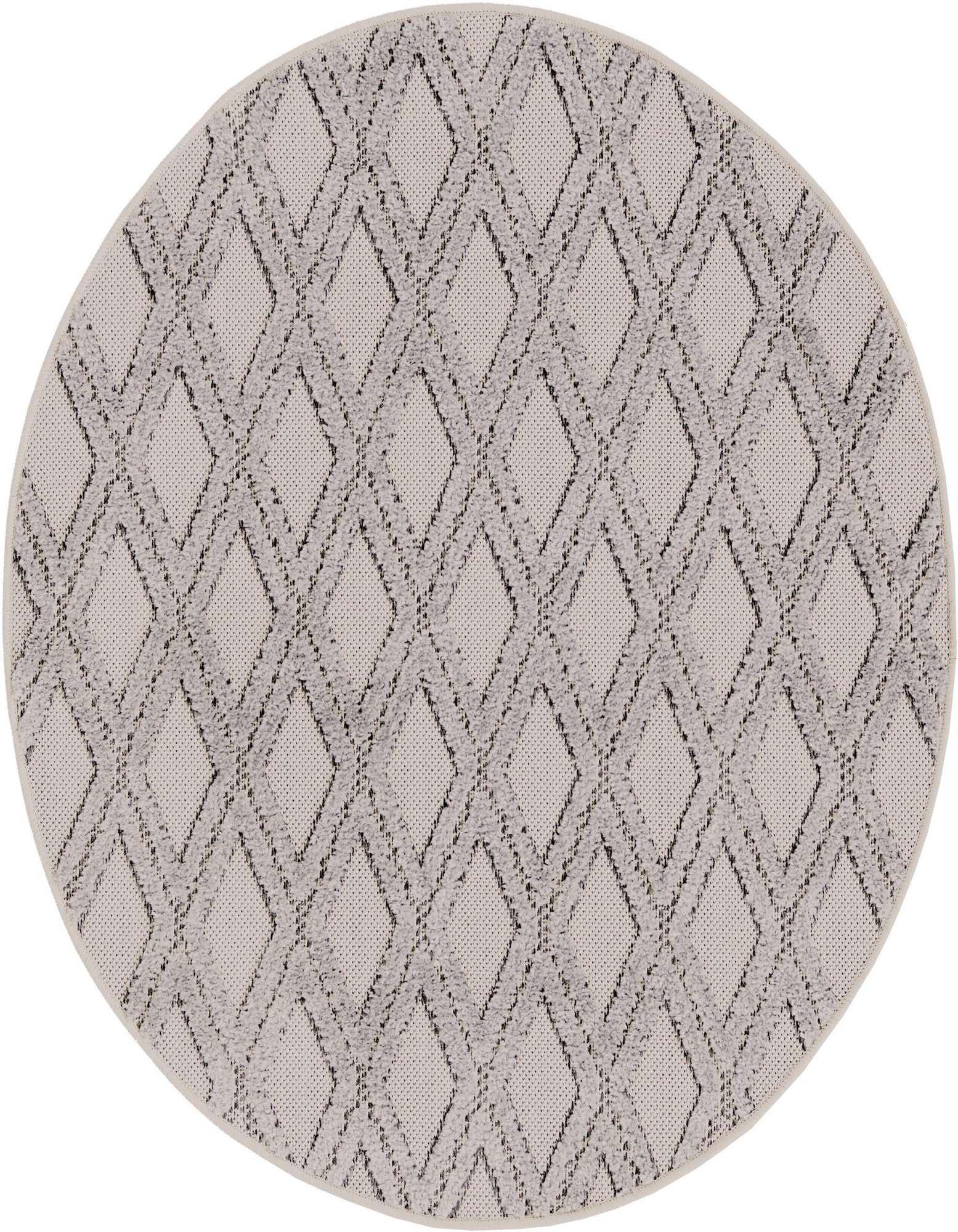 A 3' 3 x 3' 3 round ivory and white modern rug with a high/low abstract diamond pattern.