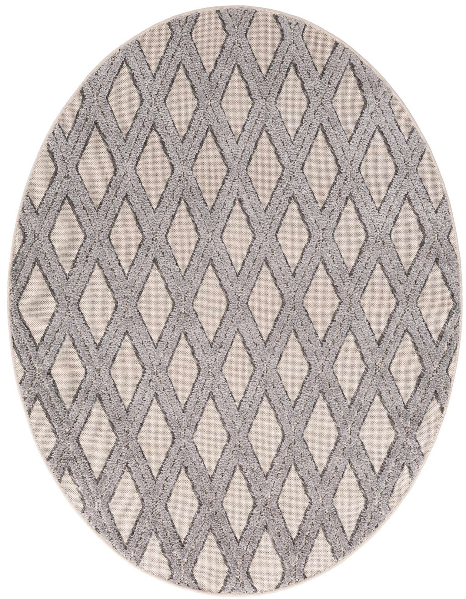 A 5' 3 round ivory and cream rug with a modern geometric diamond pattern in textured gray.