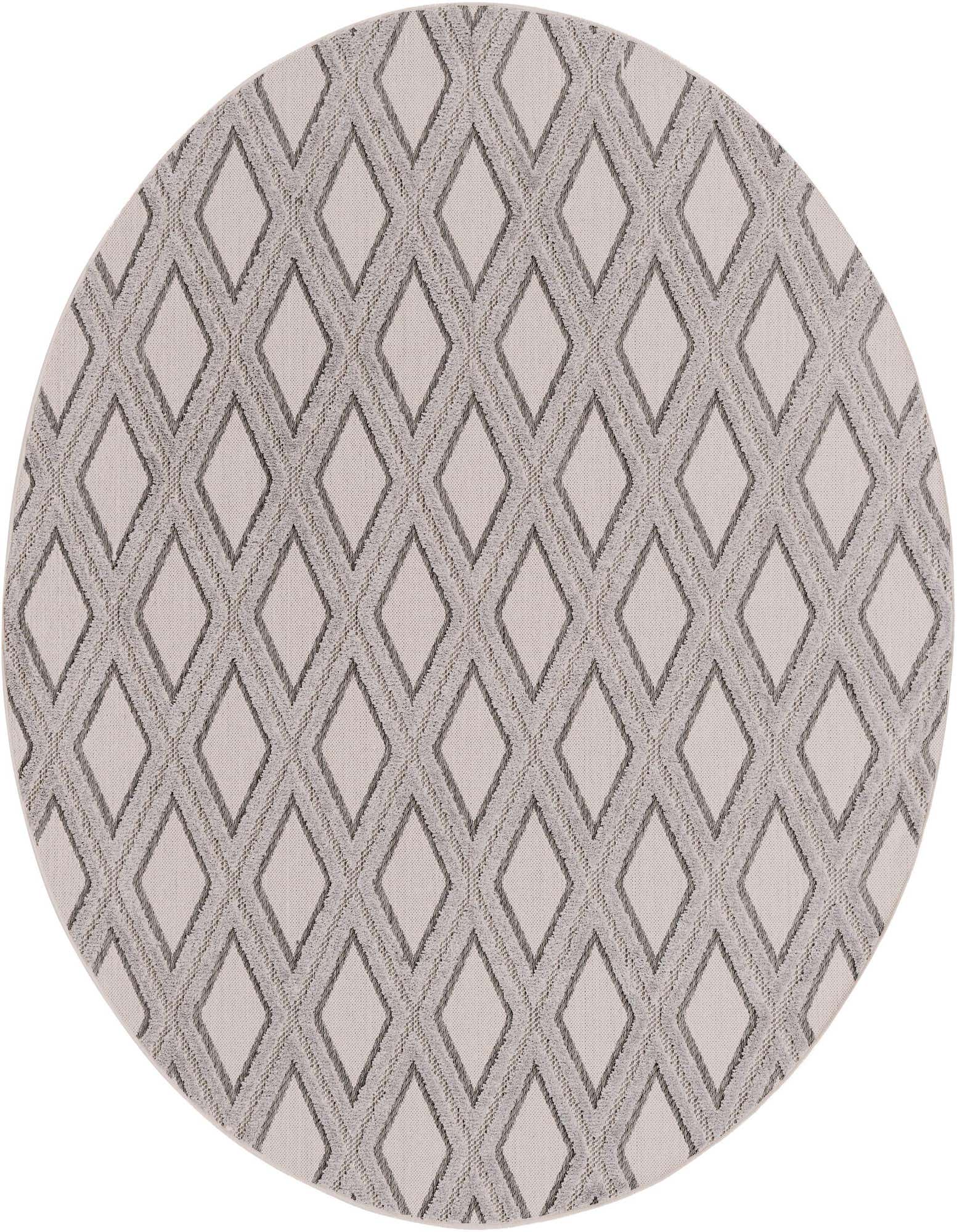 A 7' 0 x 7' 0 round ivory modern rug with a subtle textured diamond pattern, suitable for indoor spaces.