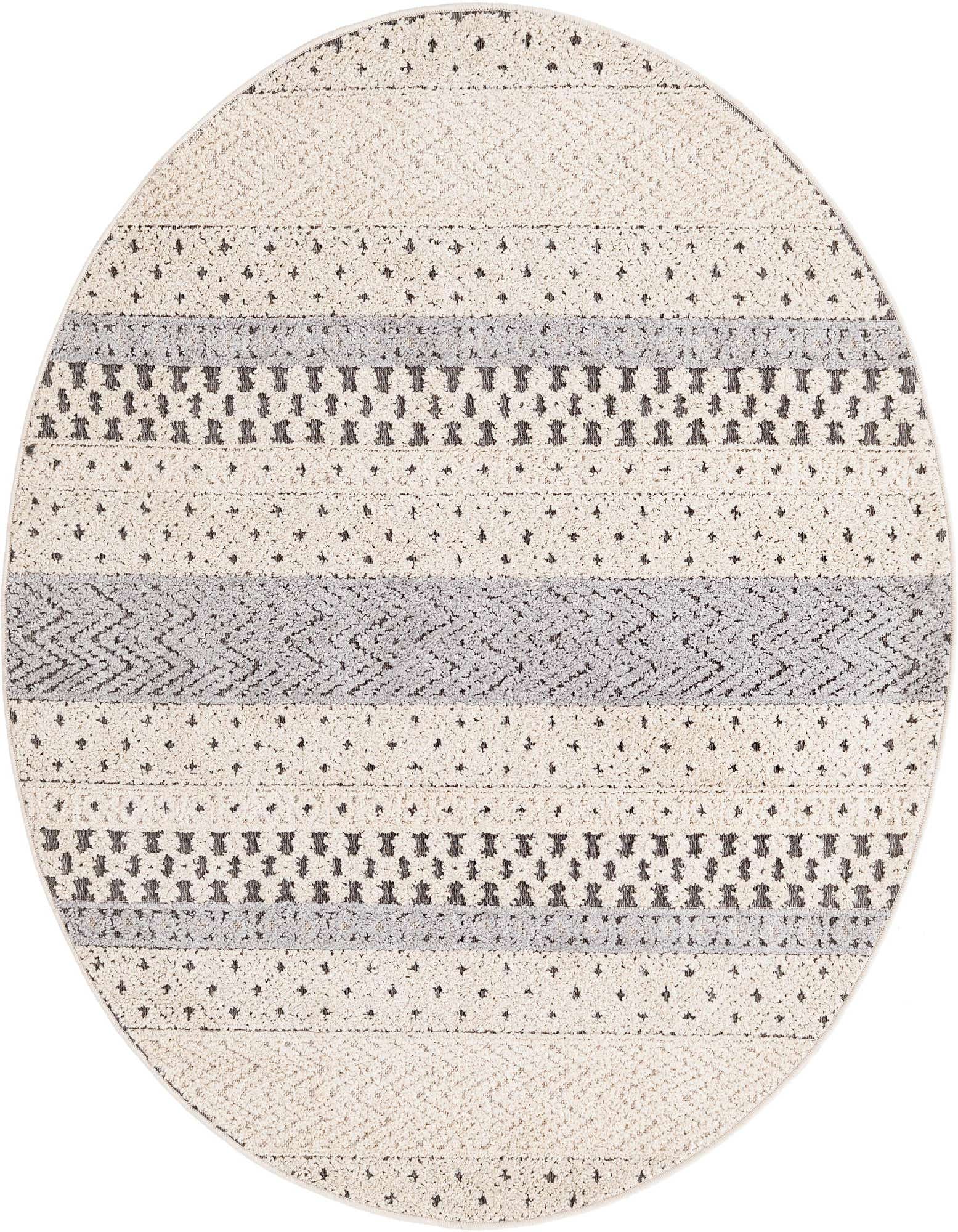 A 5' 3 round ivory and cream modern rug with alternating textured stripes and small dark gray geometric patterns.