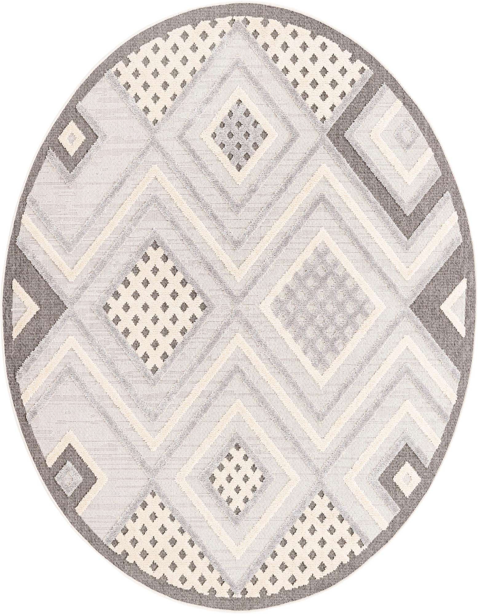 A 7' round Arlo rug featuring a modern abstract pattern in shades of ivory, cream, and light gray with a textured high-low pile.