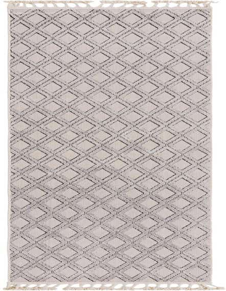 A 12 ft runner rug in ivory and cream with a modern geometric diamond pattern and fringed ends.
