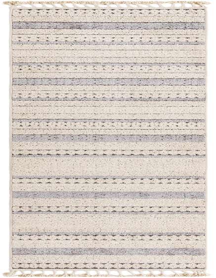 A 12 ft runner rug with a modern stripe pattern in ivories, creams, and subtle gray tones, featuring a high/low textured pile and decorative tassels.