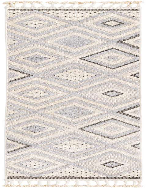 An 8 ft runner rug from the Arlo collection, featuring an ivory and light gray abstract geometric pattern with textured high-low pile and braided tassels.