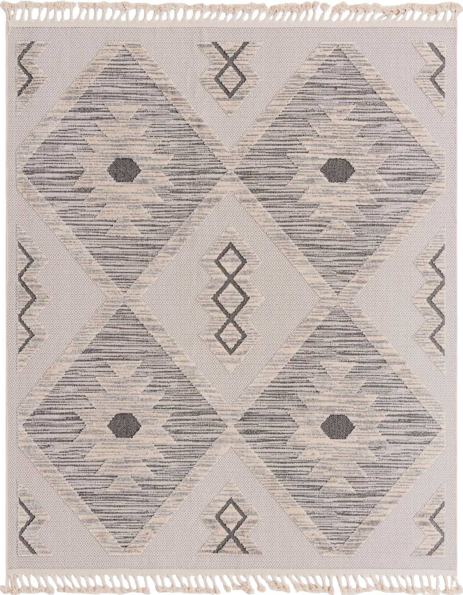 A square ivory and cream rug featuring a modern Southwestern tribal pattern with large textured diamond shapes and fringe.