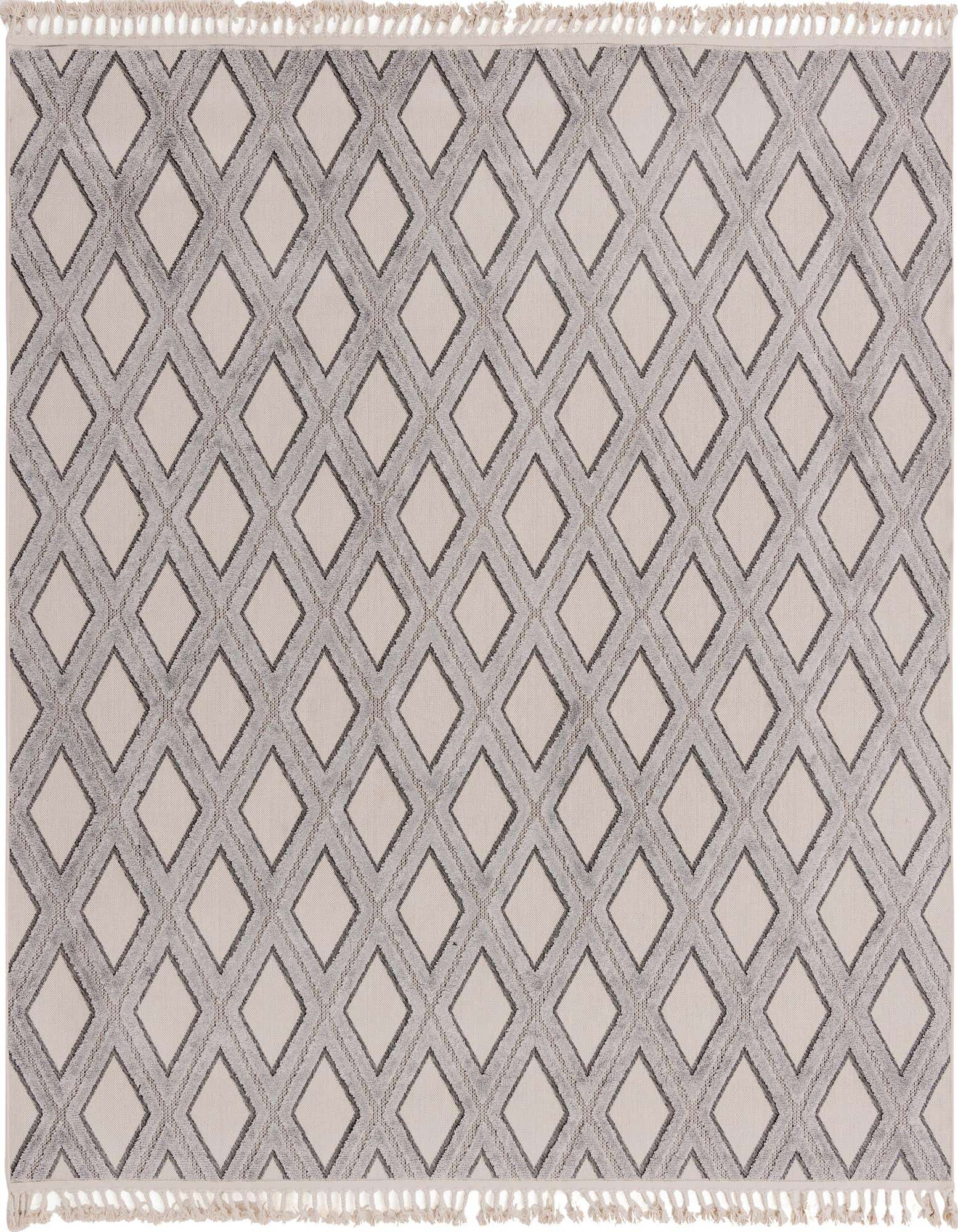 A square ivory and gray modern area rug with a repeating diamond pattern and decorative tassels on the ends.