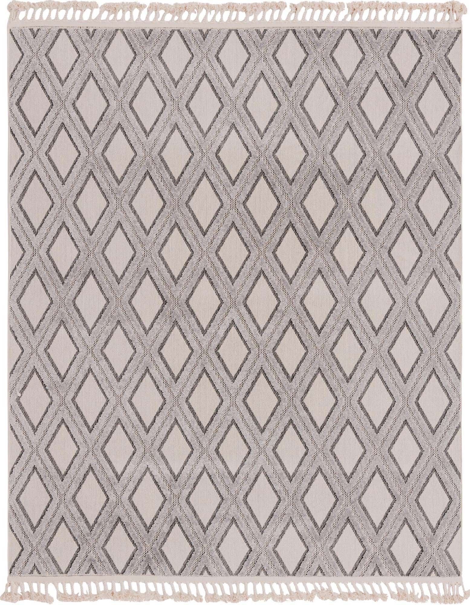 A square ivory and gray modern area rug with a textured diamond pattern and fringed edges.