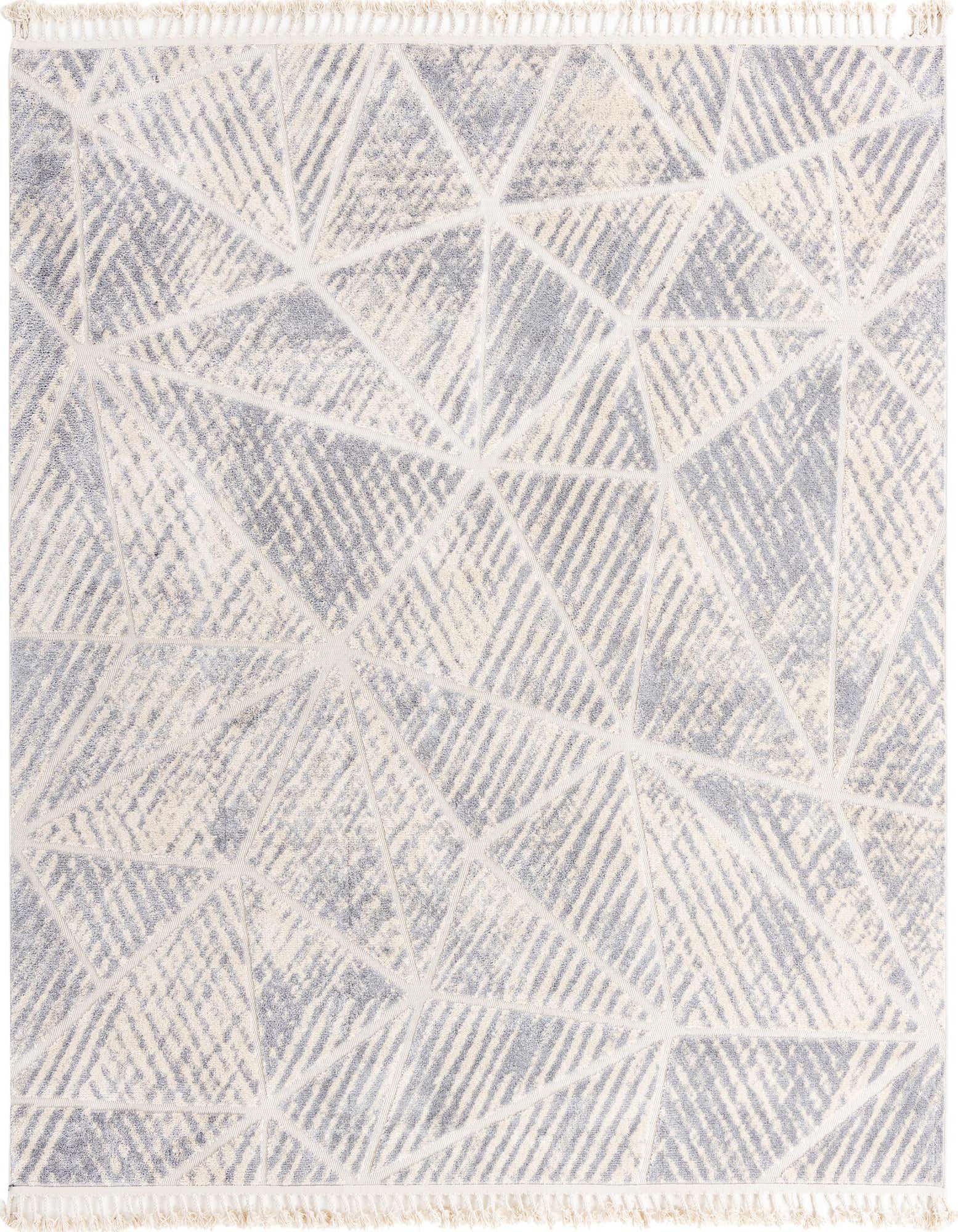 A square ivory and cream area rug with a modern geometric pattern of distressed gray triangles and subtle fringe.