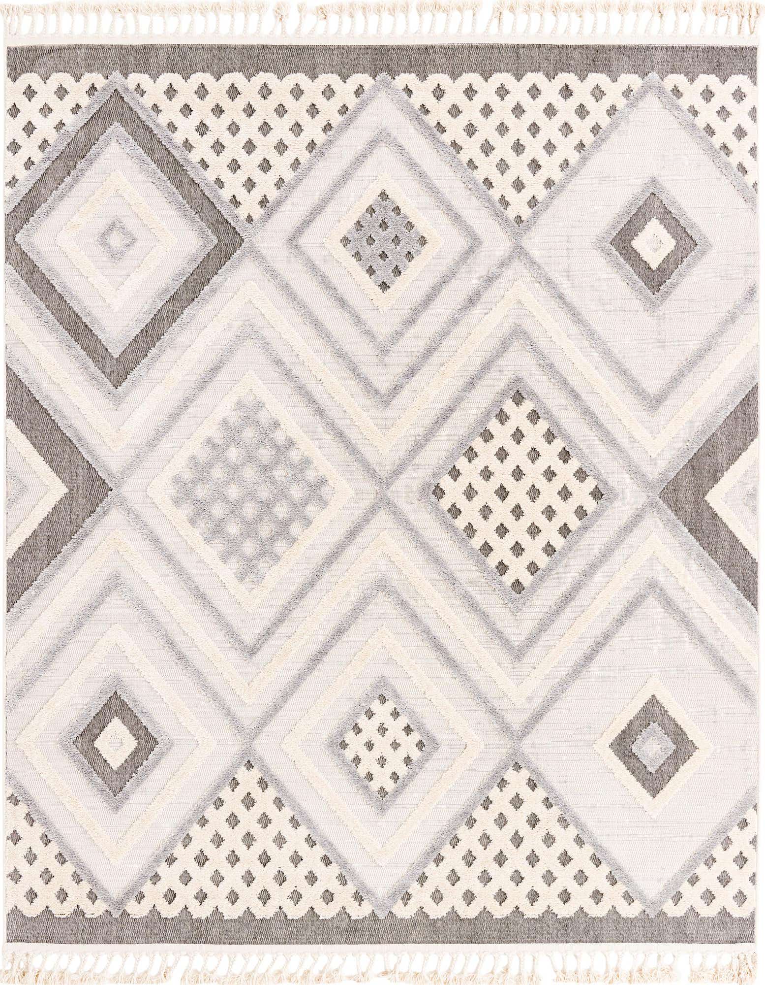 A square ivory and cream rug with a modern abstract diamond pattern and textured high-low pile.