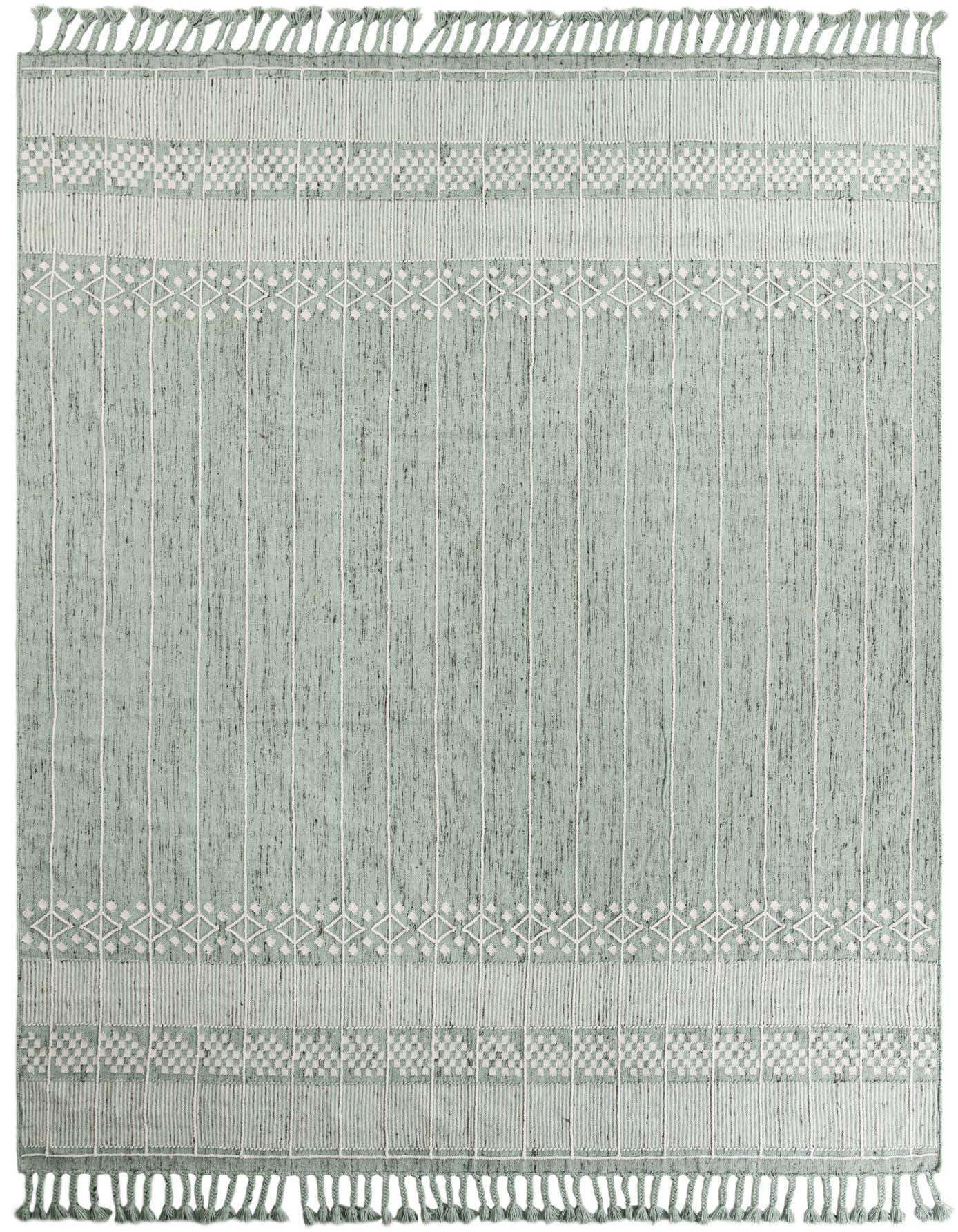 A 10x14 rectangular green and white bohemian striped flatweave rug with tassels, suitable for indoor or outdoor use.