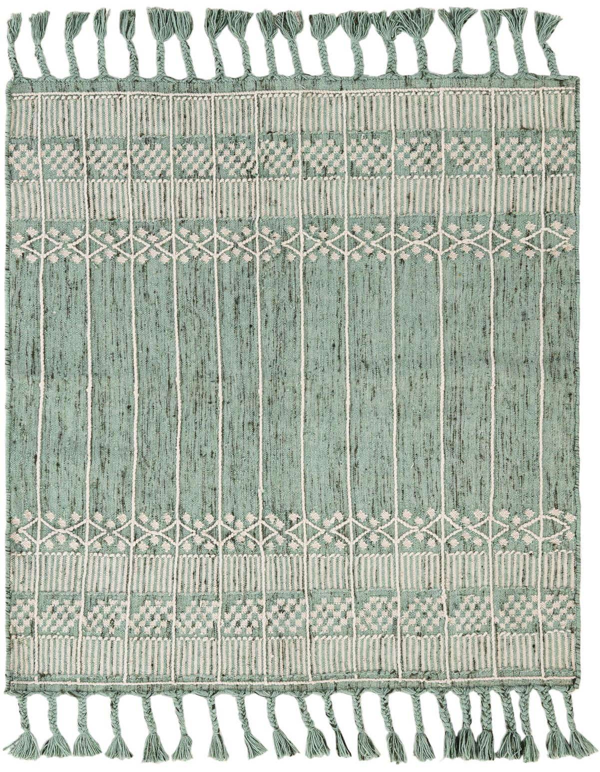 A 4x6 rectangular Eco Bohemian rug in green with white modern stripe and geometric patterns, featuring braided tassels.