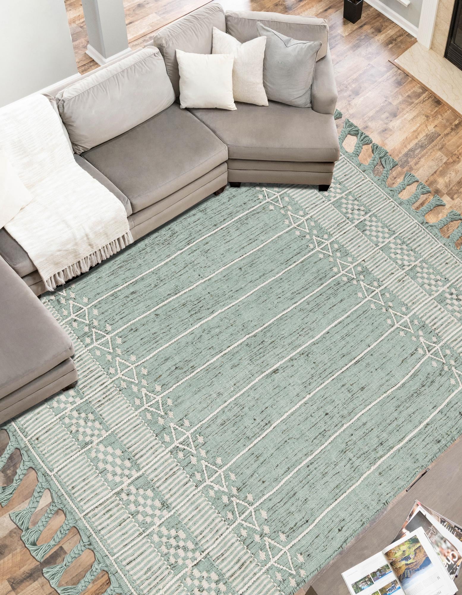 Sea Green 7' 10 x 10' Hand Woven Eco Bohemian Indoor Indoor / Outdoor ...