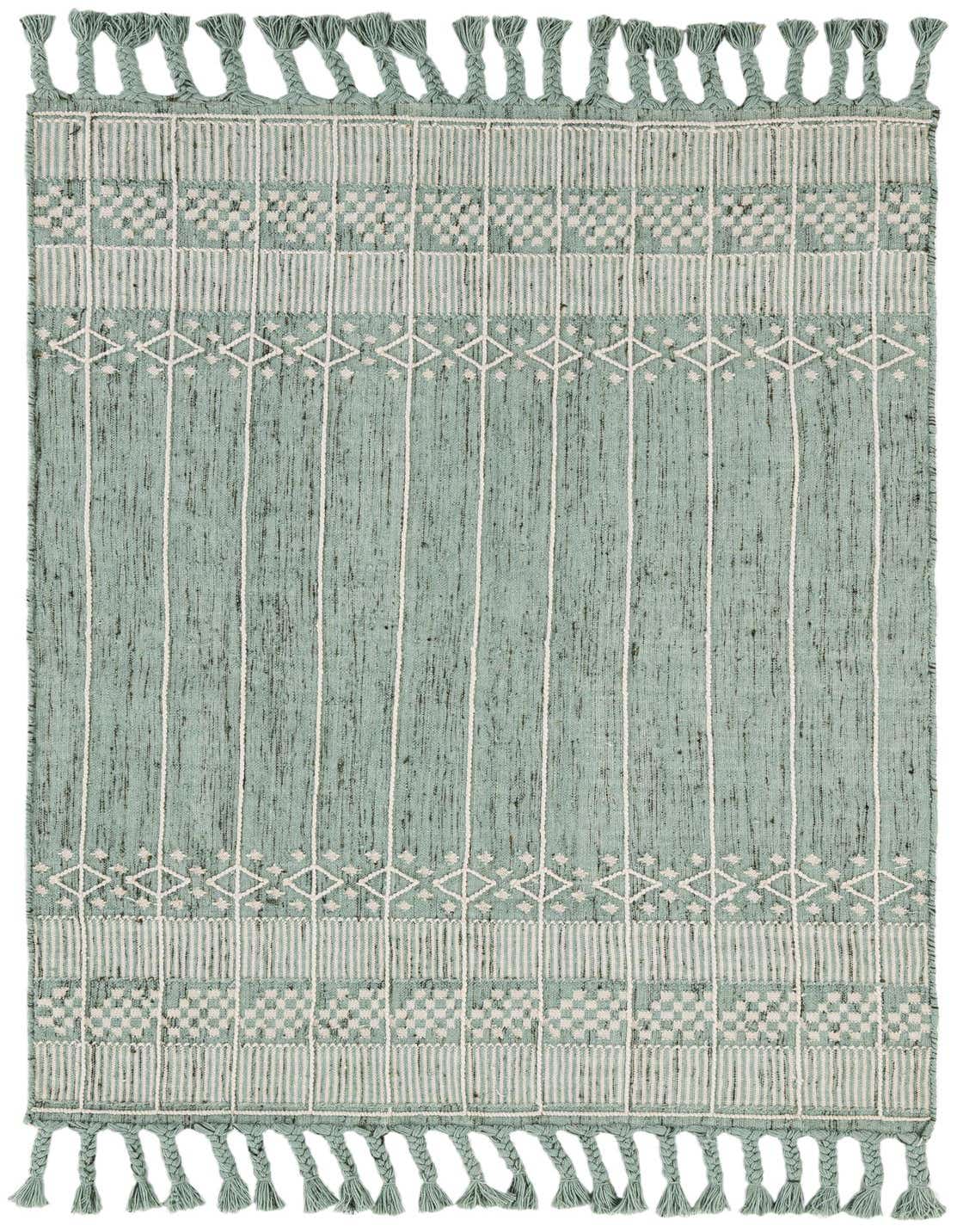 A 5x8 rectangular Eco Bohemian rug in green with white stripes and geometric patterns, featuring braided tassels.