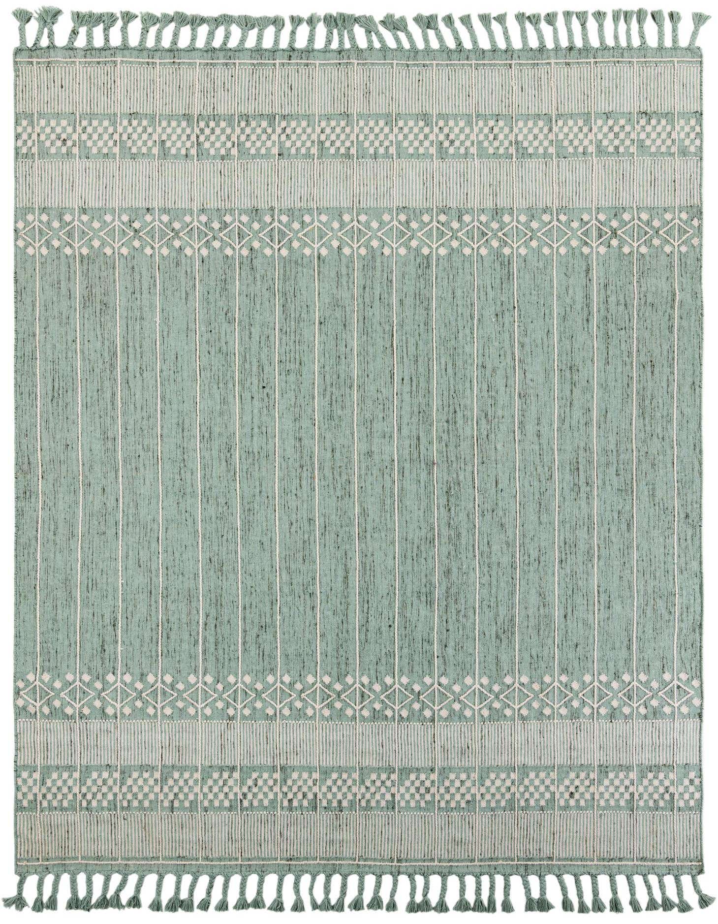 A 9x12 rectangular Eco Bohemian rug in green with white stripes and geometric patterns, featuring tassels on the short ends.