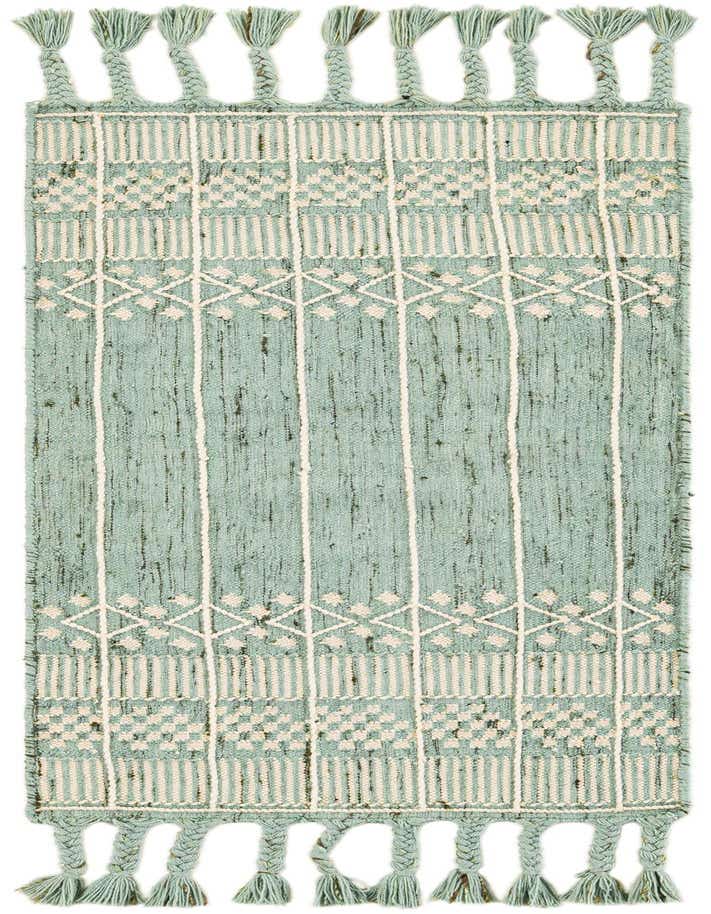 A 5 ft runner rug in a bohemian style, featuring a light green base with white geometric patterns and braided tassels.