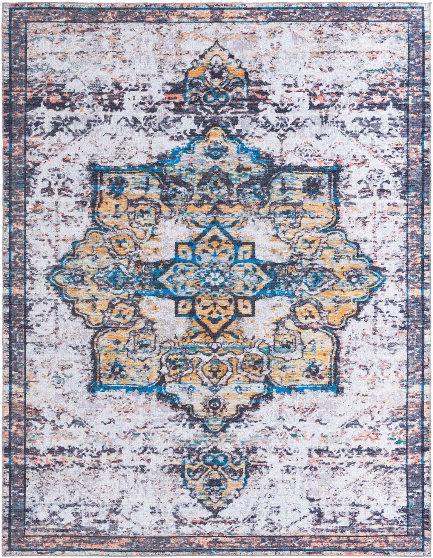 A 10x14 rectangular Francesca rug featuring a distressed ivory and cream background with a vibrant blue and gold traditional medallion pattern.