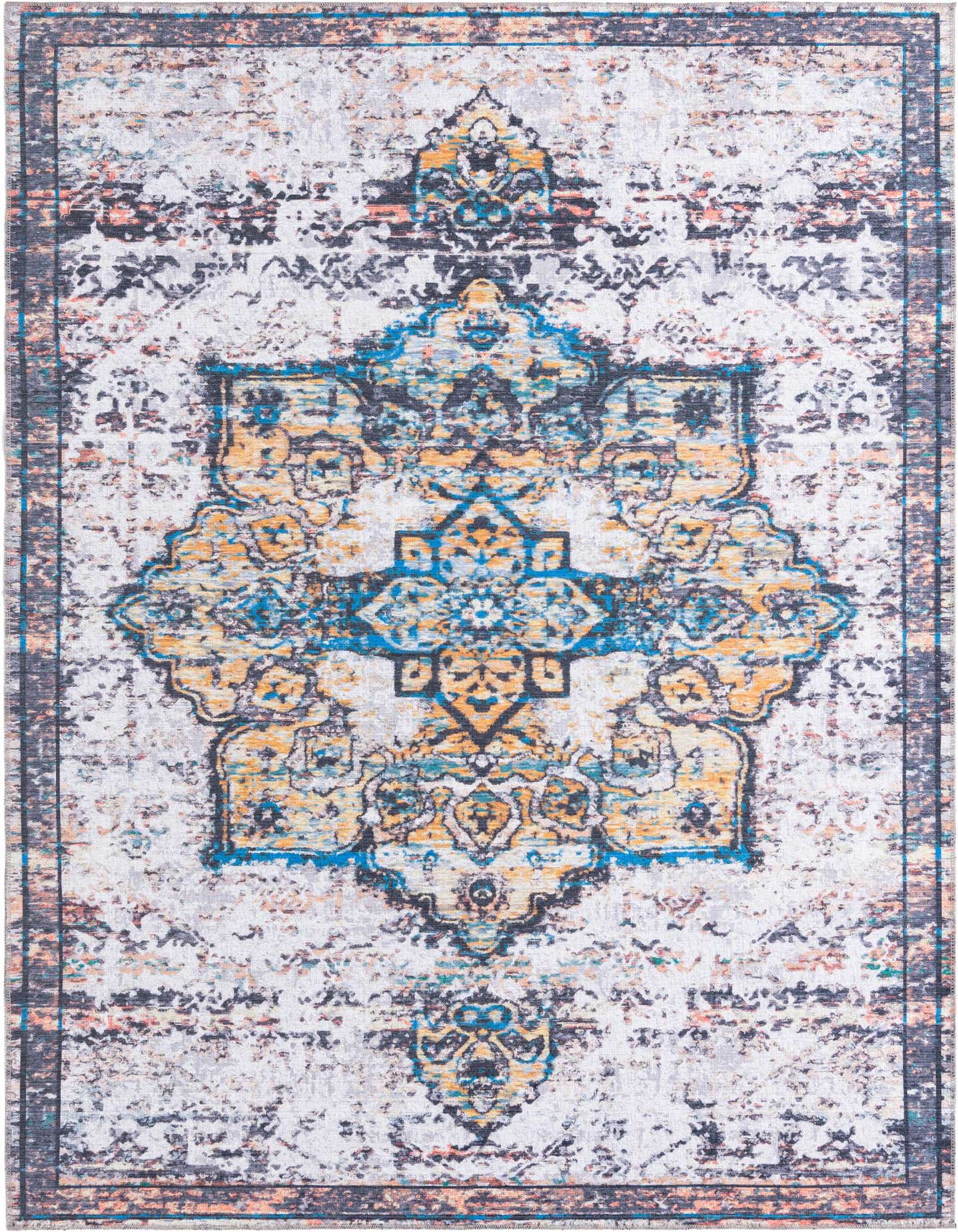 A 7x10 rectangular ivory and cream rug with a distressed traditional medallion pattern in blue, orange, and black.