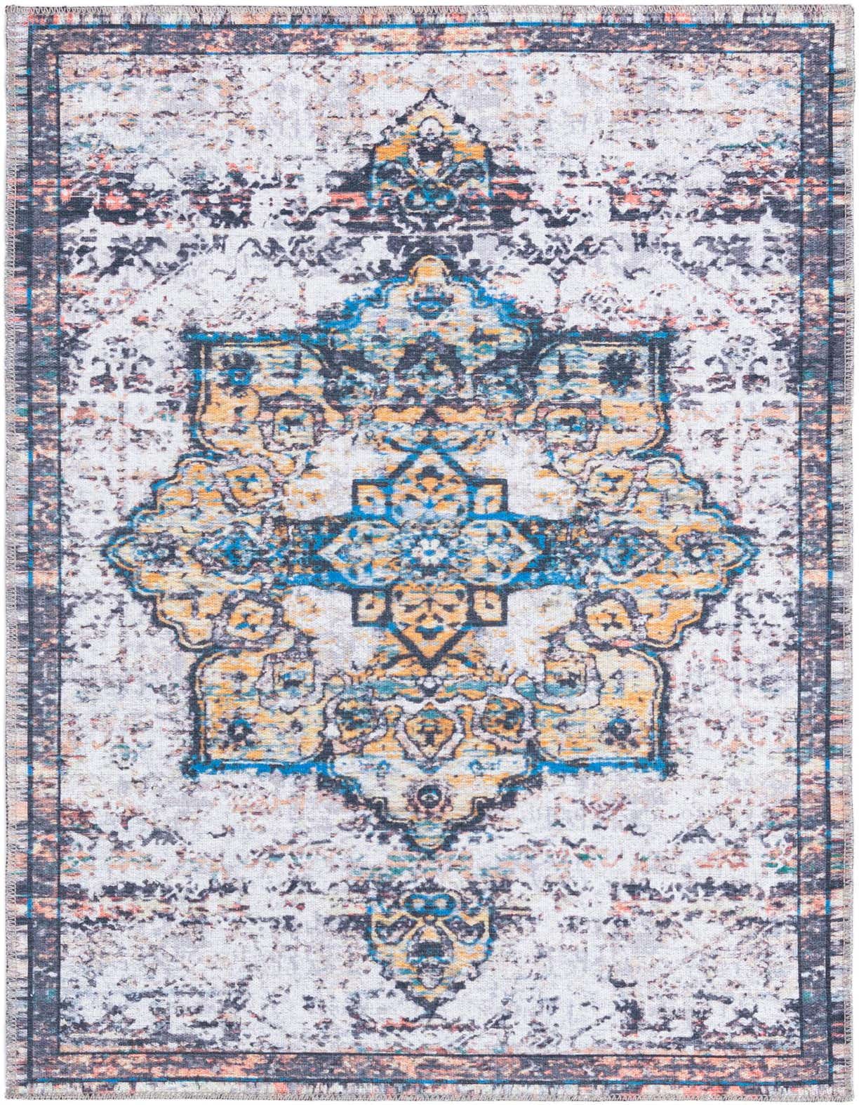 A 3x5 rectangular Francesca rug with an ivory and cream background, featuring a distressed blue and gold medallion pattern.
