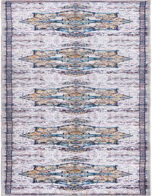 A 13 ft ivory and blue traditional runner rug with a distressed medallion pattern, ideal for a hallway.