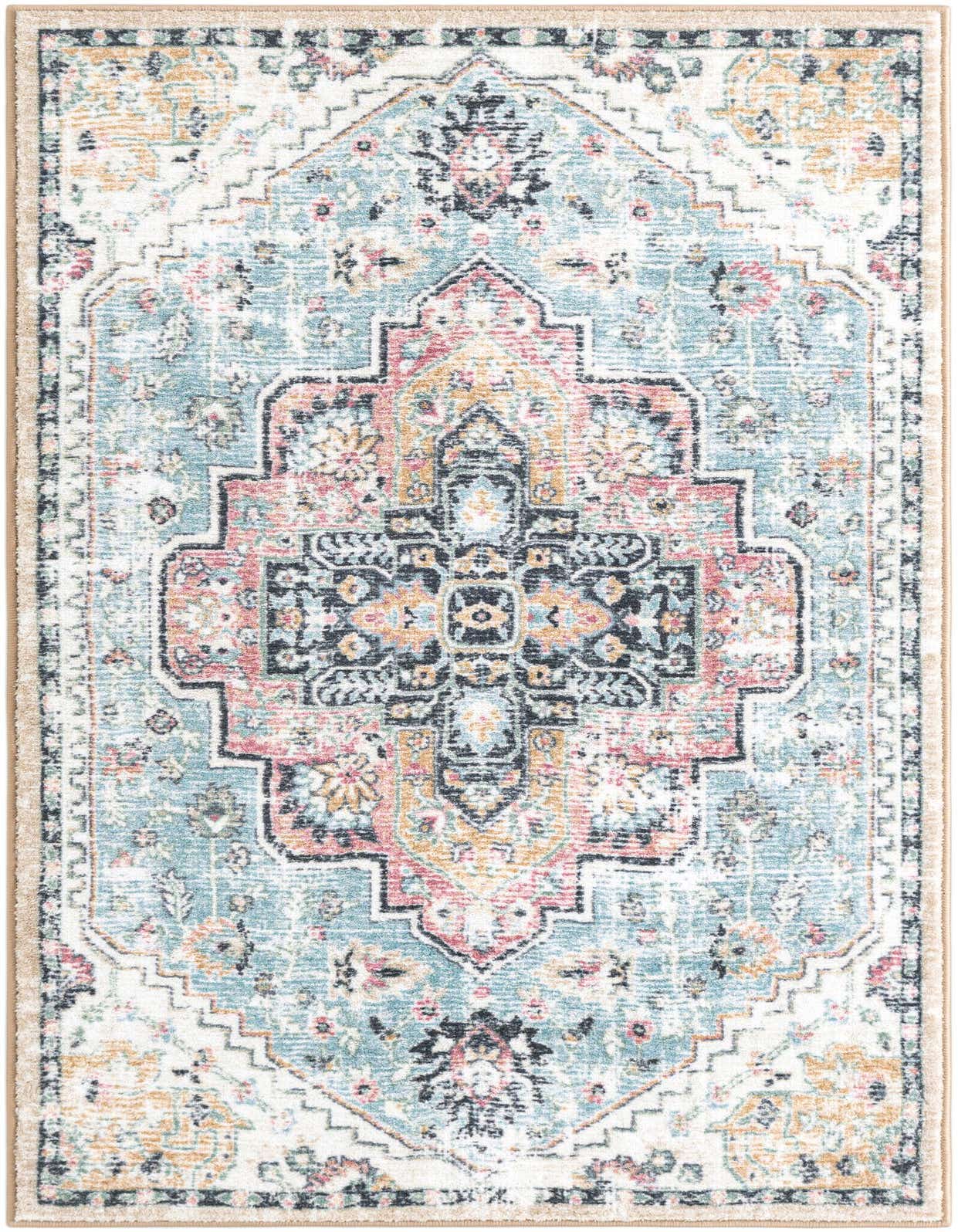 A rectangular 3x5 Medina rug in seaglass blue and rose with a distressed traditional pattern and a light border.
