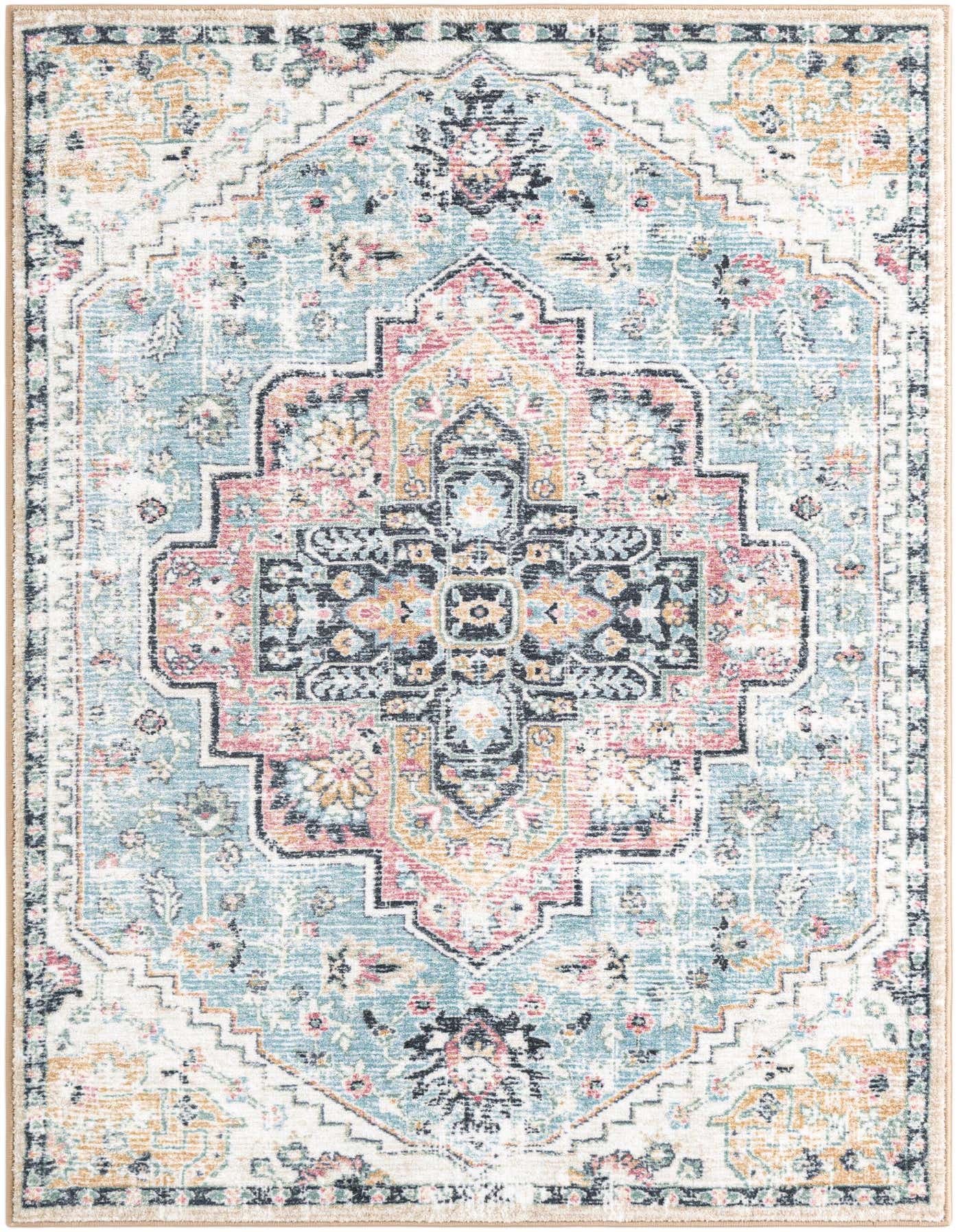 A rectangular 4x6 Seaglass Blue and Rose area rug with a distressed traditional medallion pattern, ideal for a living room or bedroom.