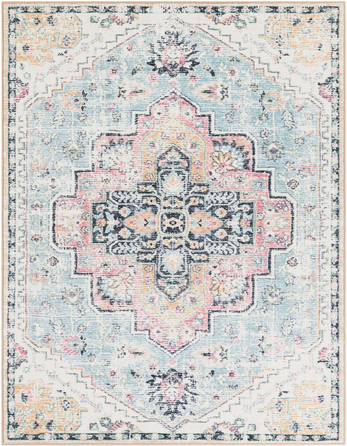 A 5x8 rectangular Medina rug featuring a distressed traditional Oriental pattern in seaglass blue, rose, and cream.