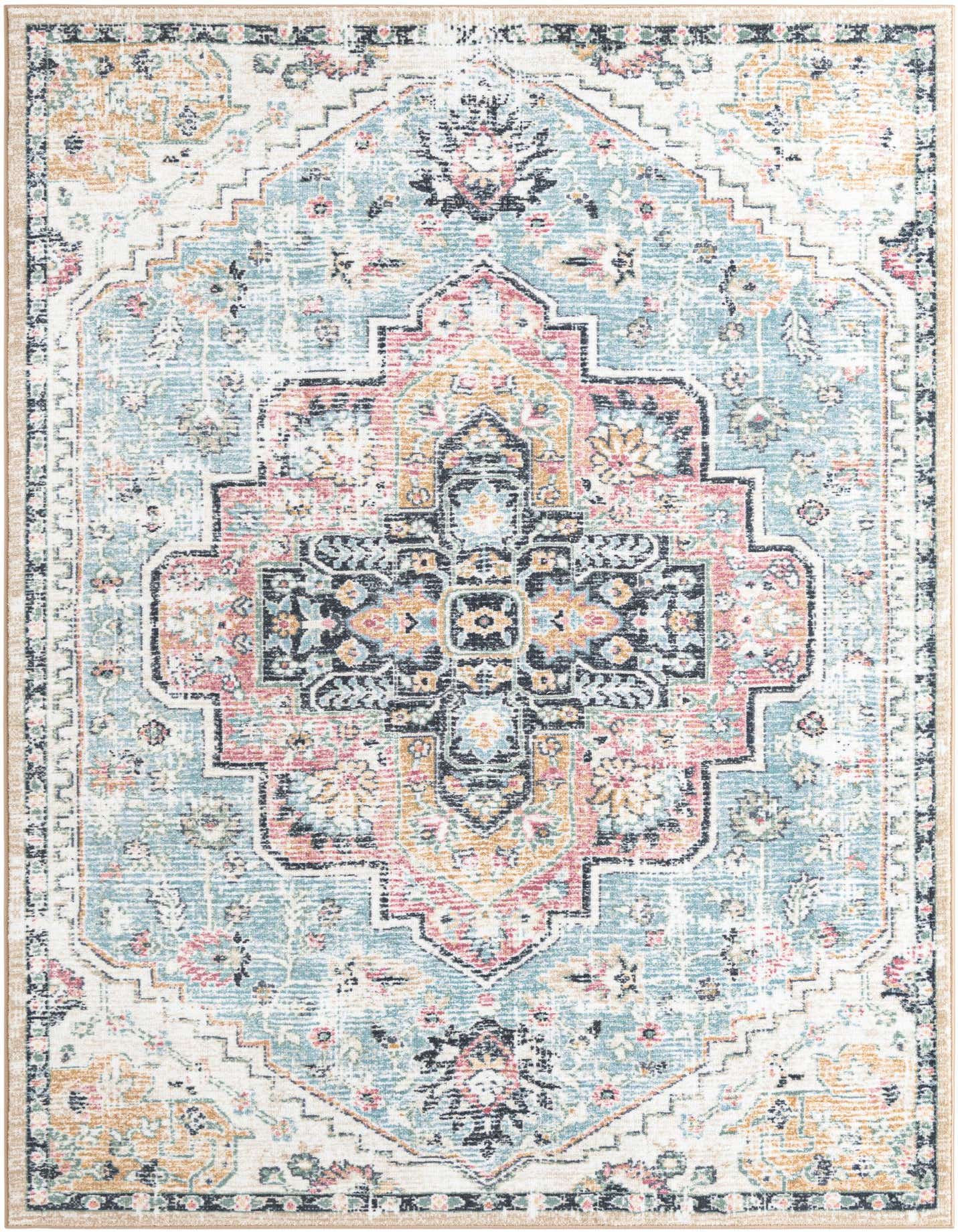 A 6x9 rectangular rug featuring a distressed medallion pattern in seaglass blue, rose, and cream with subtle gold and black accents.