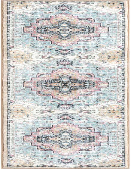 A 10 ft runner rug in seaglass blue and rose with a distressed traditional pattern, ideal for a hallway.
