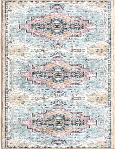 A 13 ft runner rug featuring a distressed medallion pattern in seaglass blue, rose, and cream, perfect for a hallway.
